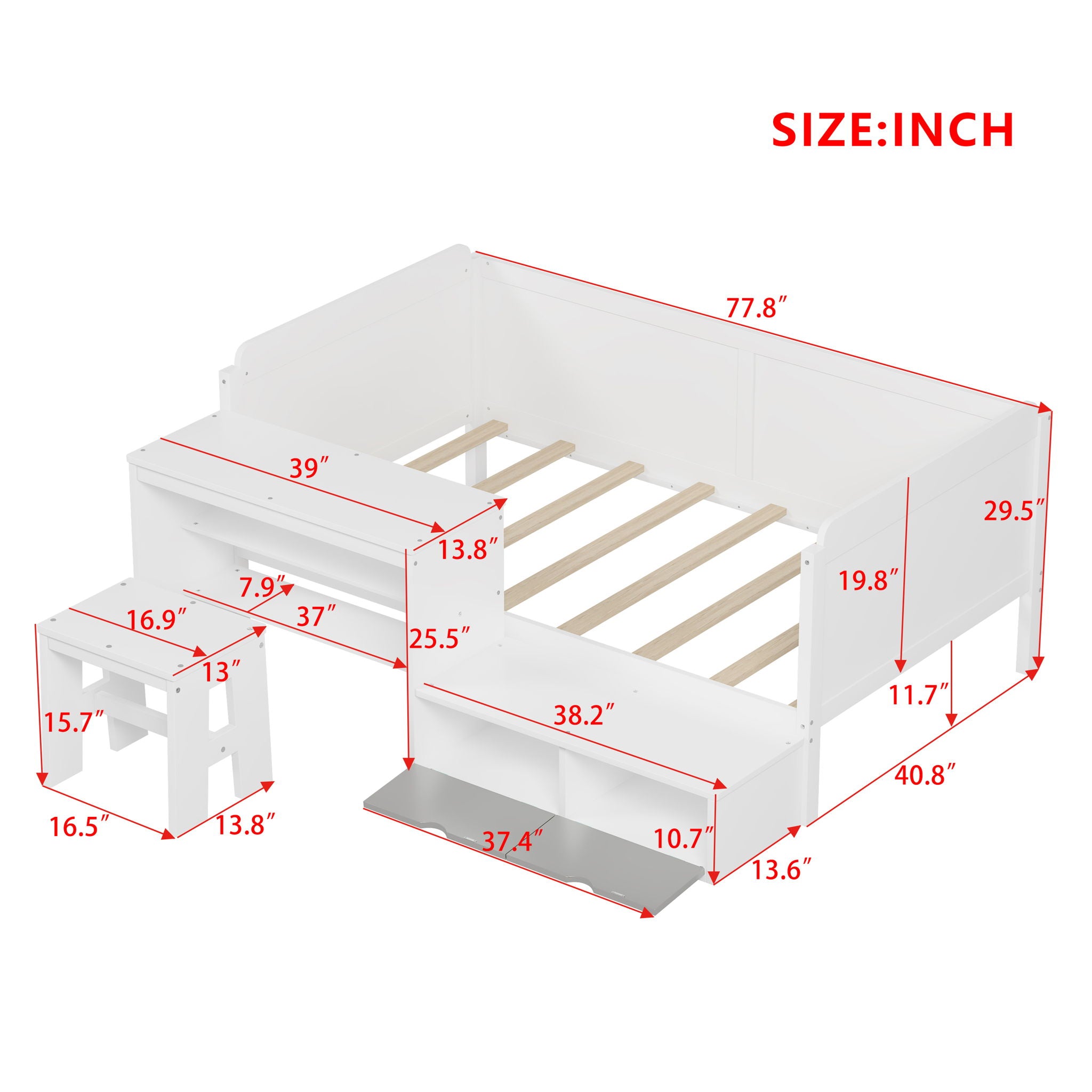 Daybed With Storage Shelves And Lockers, Multi Functional Bed With Study Desk And Matching Stool