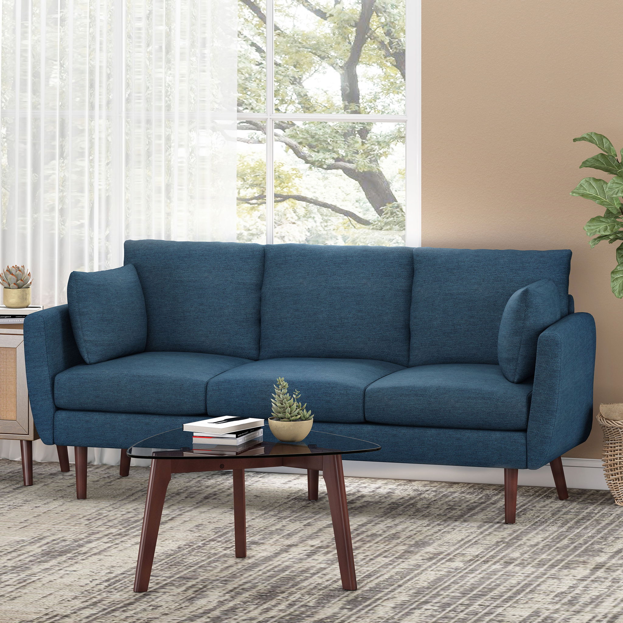Diaphanous - Upholstered 3 Seater Sofa With 2 Accent Pillows And Wood Legs