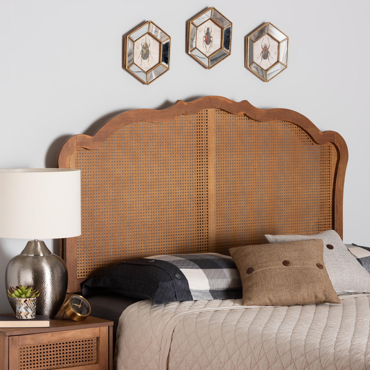 Leandra Classic and Traditional Ash Walnut Finished Wood Queen Size Headboard with Rattan