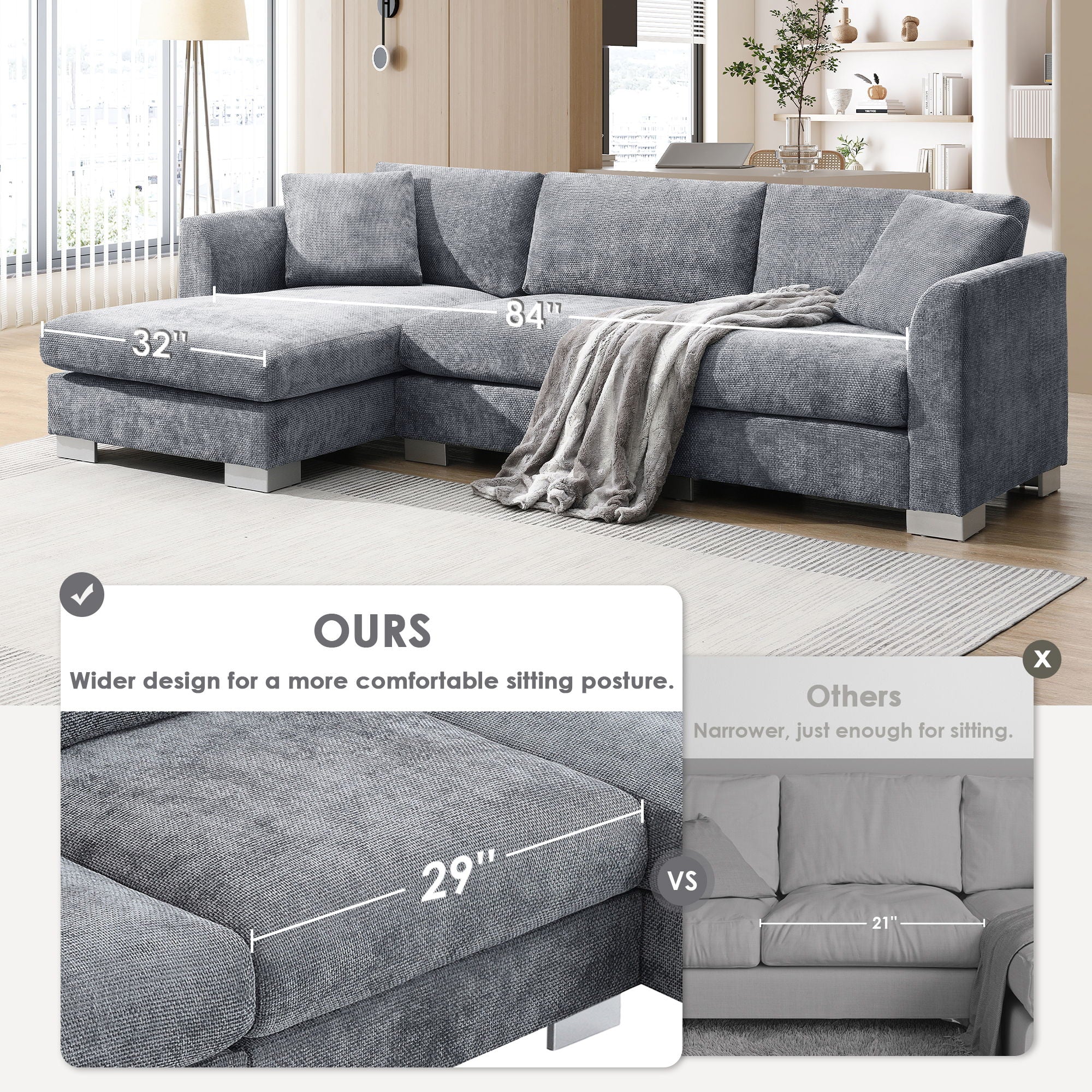 Modern Cloud Sectional Sofa L Shaped Luxury Couch Set With 2 Free Pillows 4 Seat With Oversized Chaise