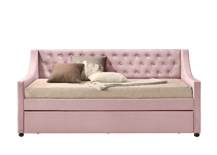 ACME Give your guestroom, living room, or den a convenient and stylish update with the Lianna daybed. This bed's unique fog fabric has antique-inspired details like button tuft upholstery, and sloped armrest to create a charming and timeless look. | Meri