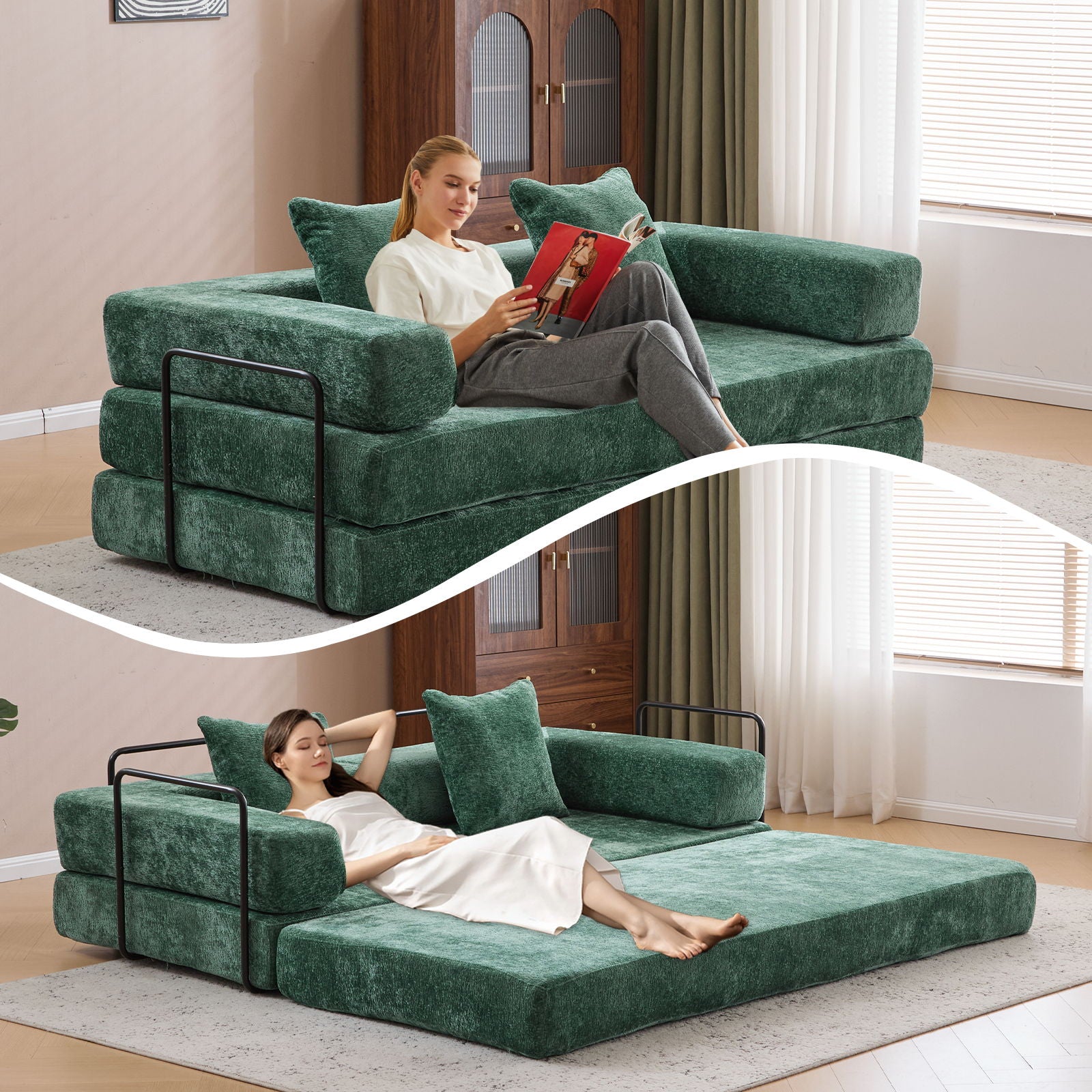Convertible Floor Sofa Bed With Pillow Back Support Armrest