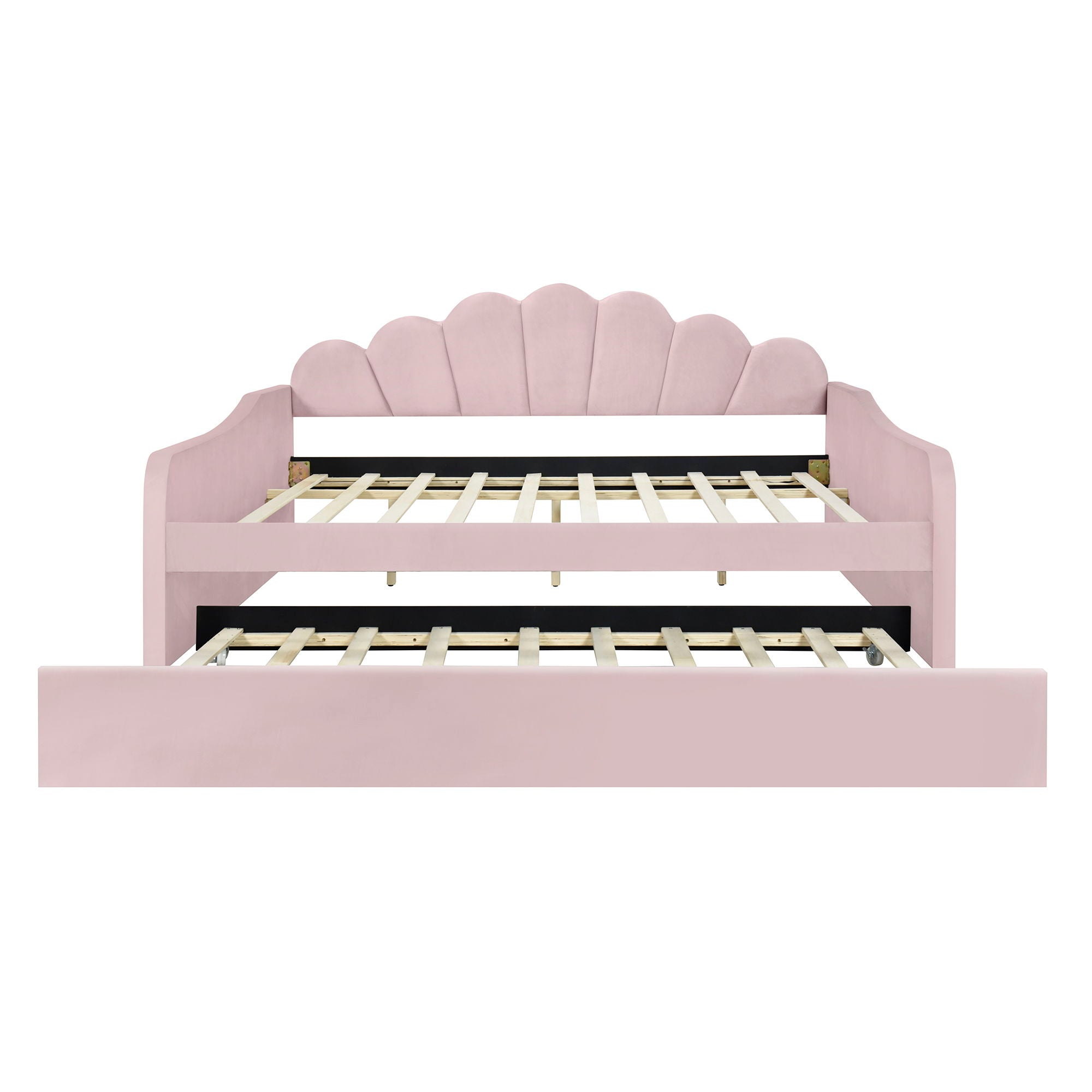 Upholstery Daybed Frame With Shell Shaped Backrest And Trundle