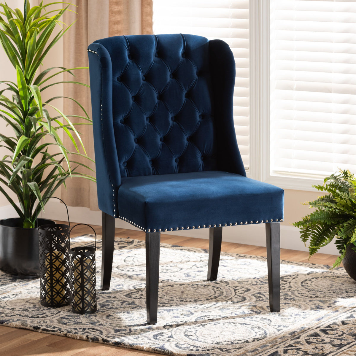 Lamont Modern Contemporary Transitional Navy Blue Velvet Fabric Upholstered and Dark Brown Finished Wood Wingback Dining Chair