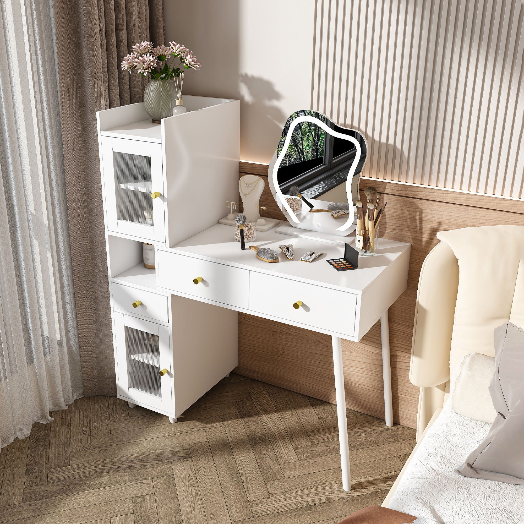 Vanity Dressing Table With LED Mirror & Storage Makeup Desk With 3 Drawers, 2 Open Shelves & 4 Hidden Cabinets - White