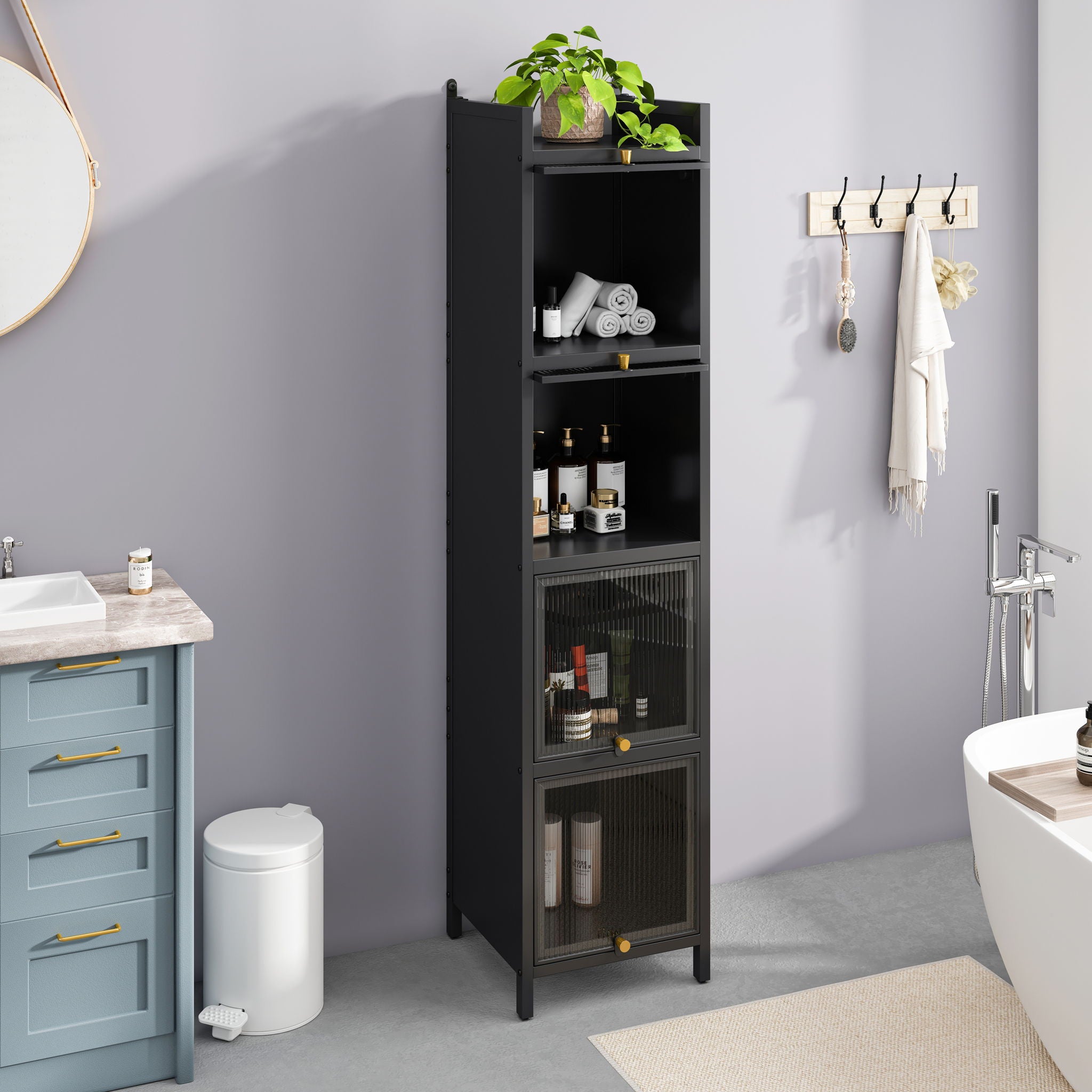 Glass Door Cabinet With Tier Storage