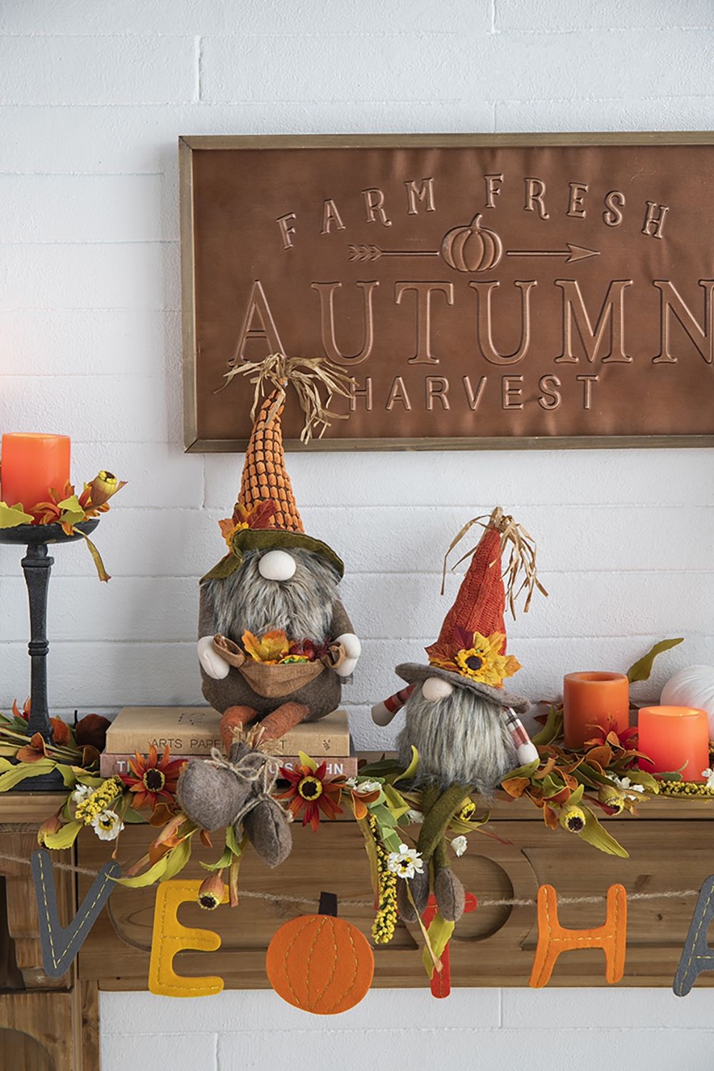 Sitting Gnome With Maple Leaf On Hat, For Holiday Harvest Festival Fall Festival & Thanksgiving Table Decorations (Set of 2) - Orange Multi