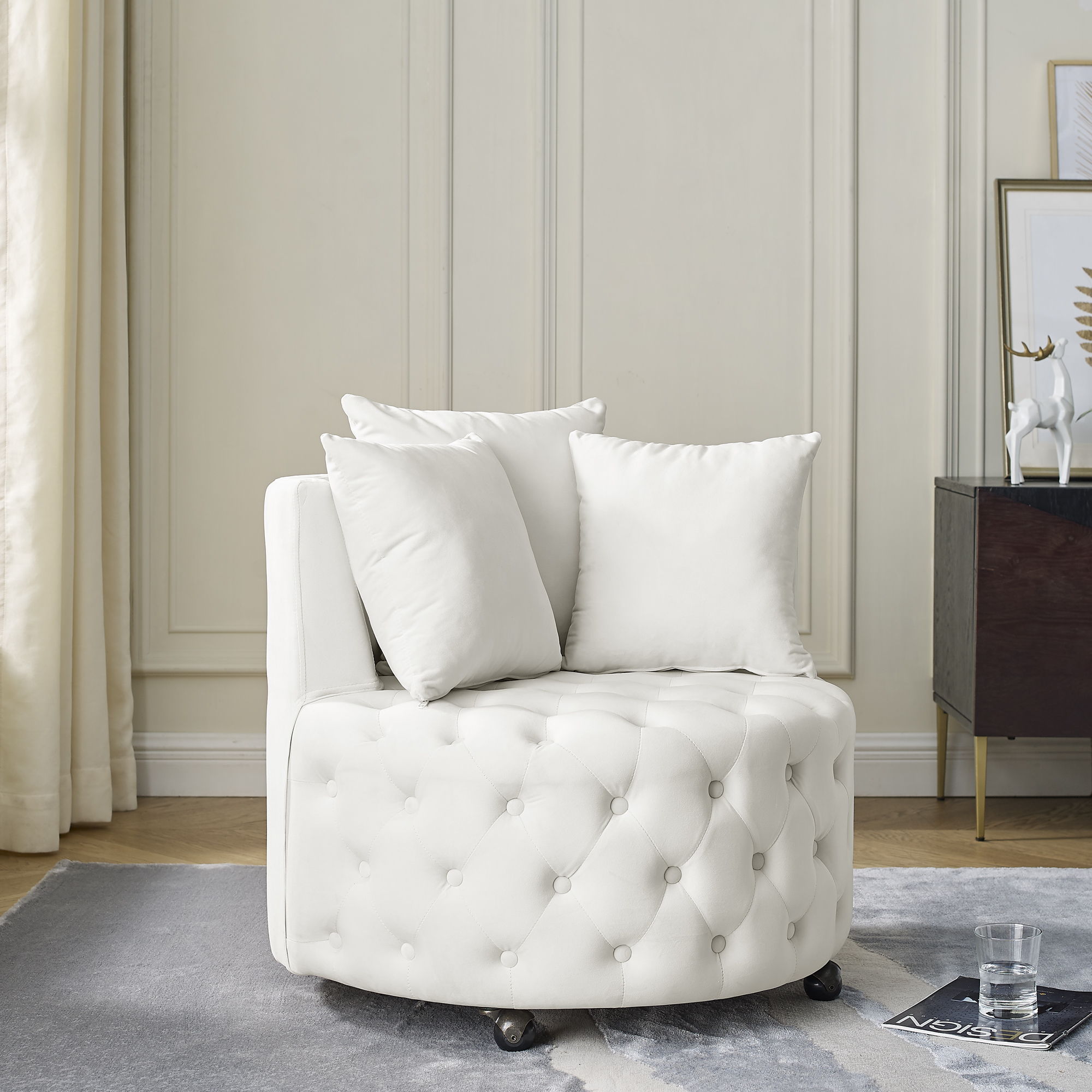 Modern Upholstered Swivel Chair With Button Tufted Design And Movable Wheels