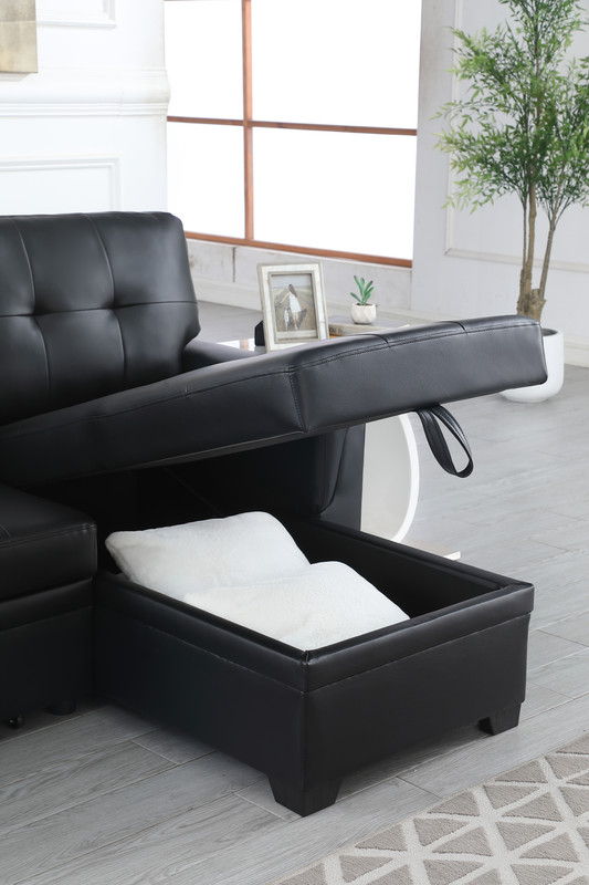 Lucca 84"W Black Vegan Leather Modern Reversible Sleeper Sectional Sofa with Storage Chaise