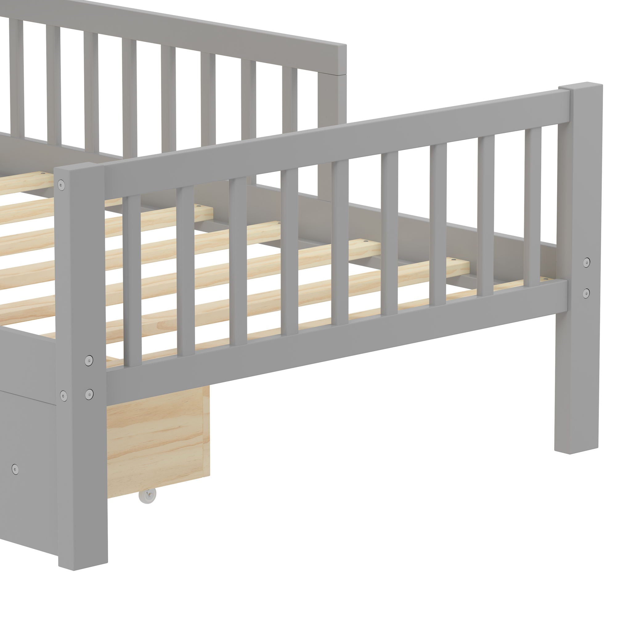 Bed With Headboard Storage Rack, 2 Under Bed Drawers, 3 Side Guardrails For Safety