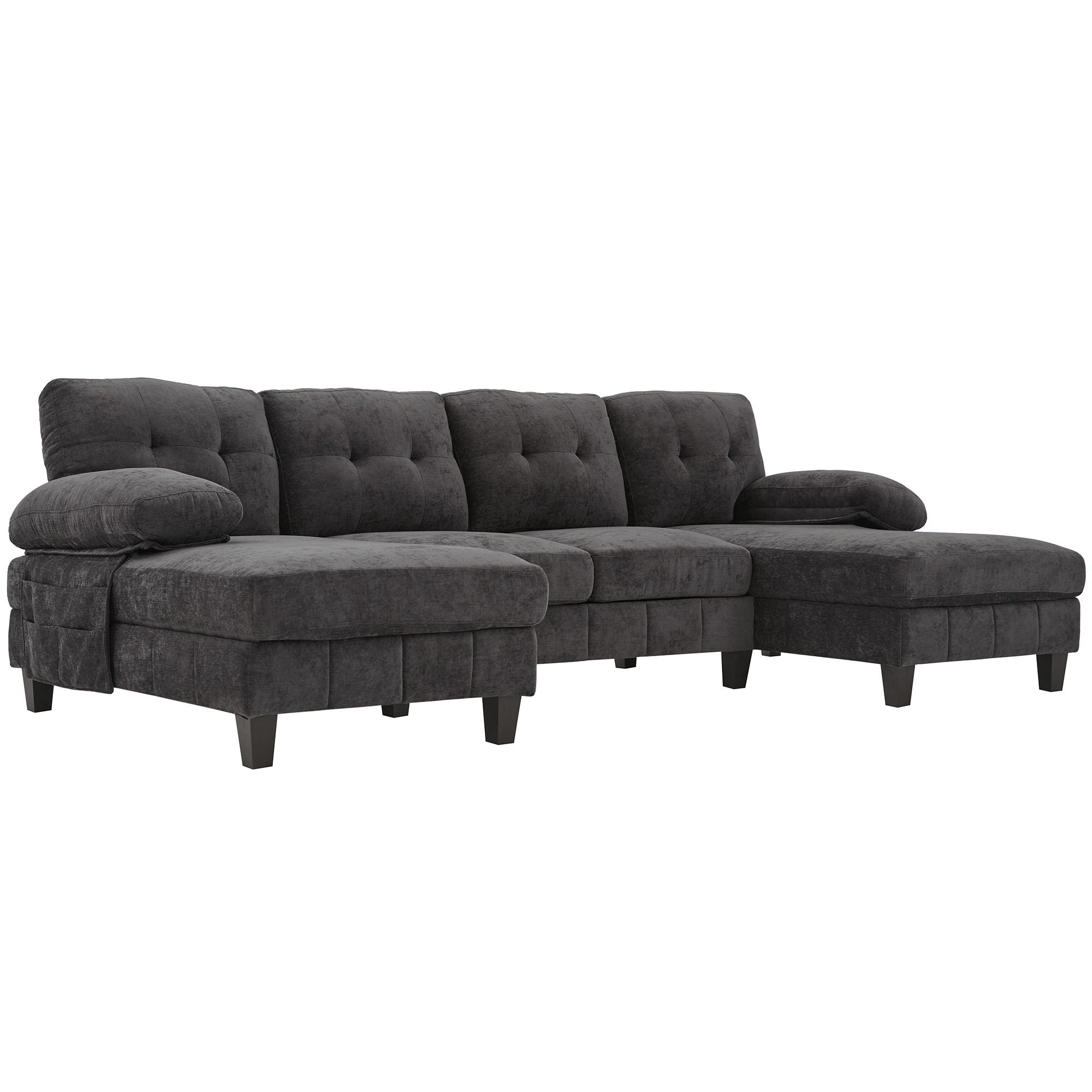U-Shaped Sectional Sofa 103.5" Black Chenille Fabric Couch With Dual Chaise Lounges, Storage Pockets, Armrest Pillows