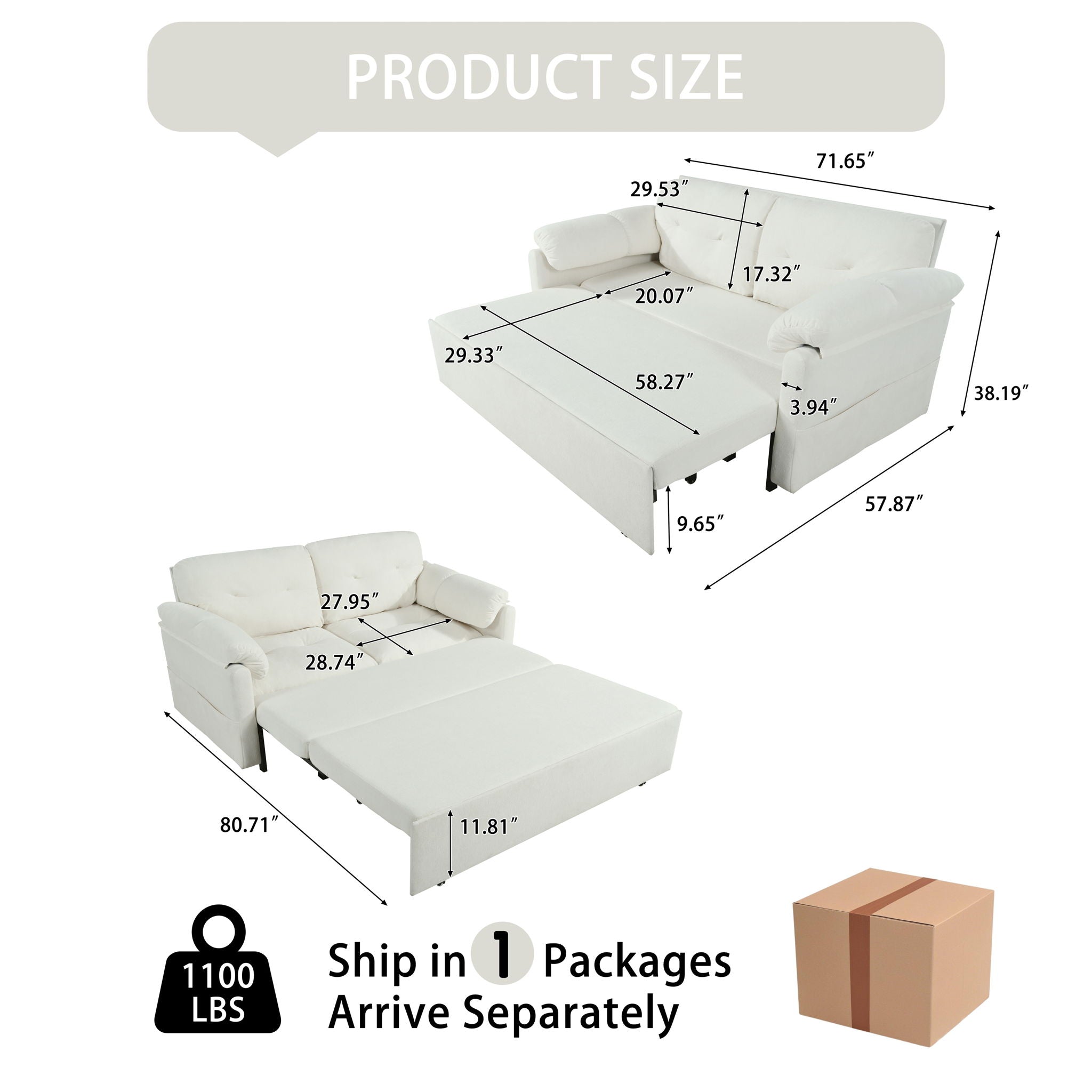Modern Convertible Sleeper Sofa Bed With Pull-Out Queen Design, Side Storage & Thick Cushions