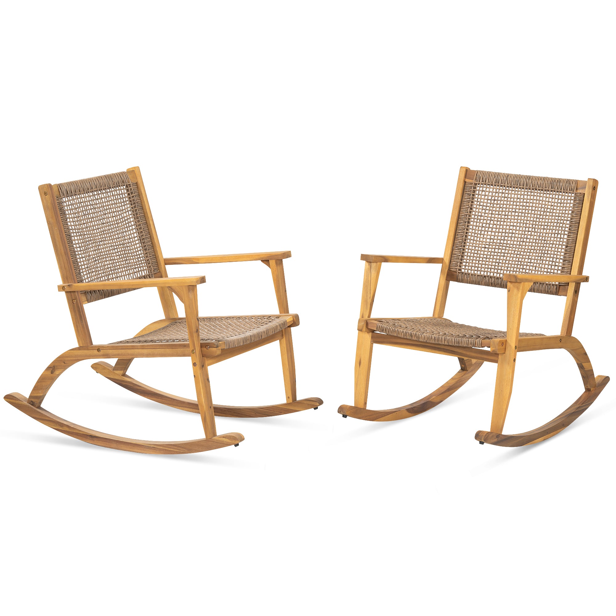 2-Pieces Patio Rocking Chair Set, Acacia Wood Outdoor Rockers with Wicker Rattan Seat & Backrest