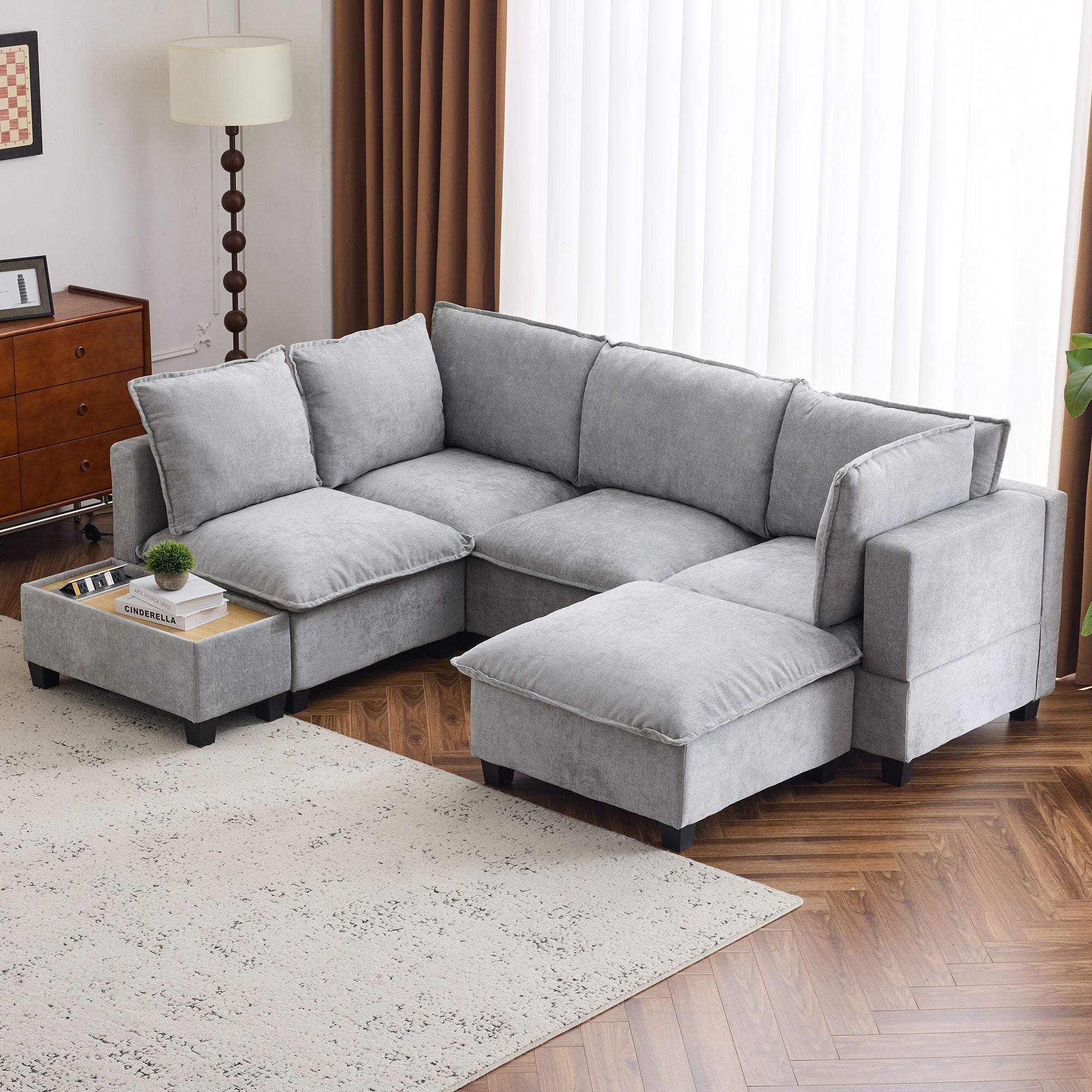 U-Shaped Sectional Modular Sofa With A Movable Ottoman, A Coffee Table With Hidden Charging Devices For Living Room