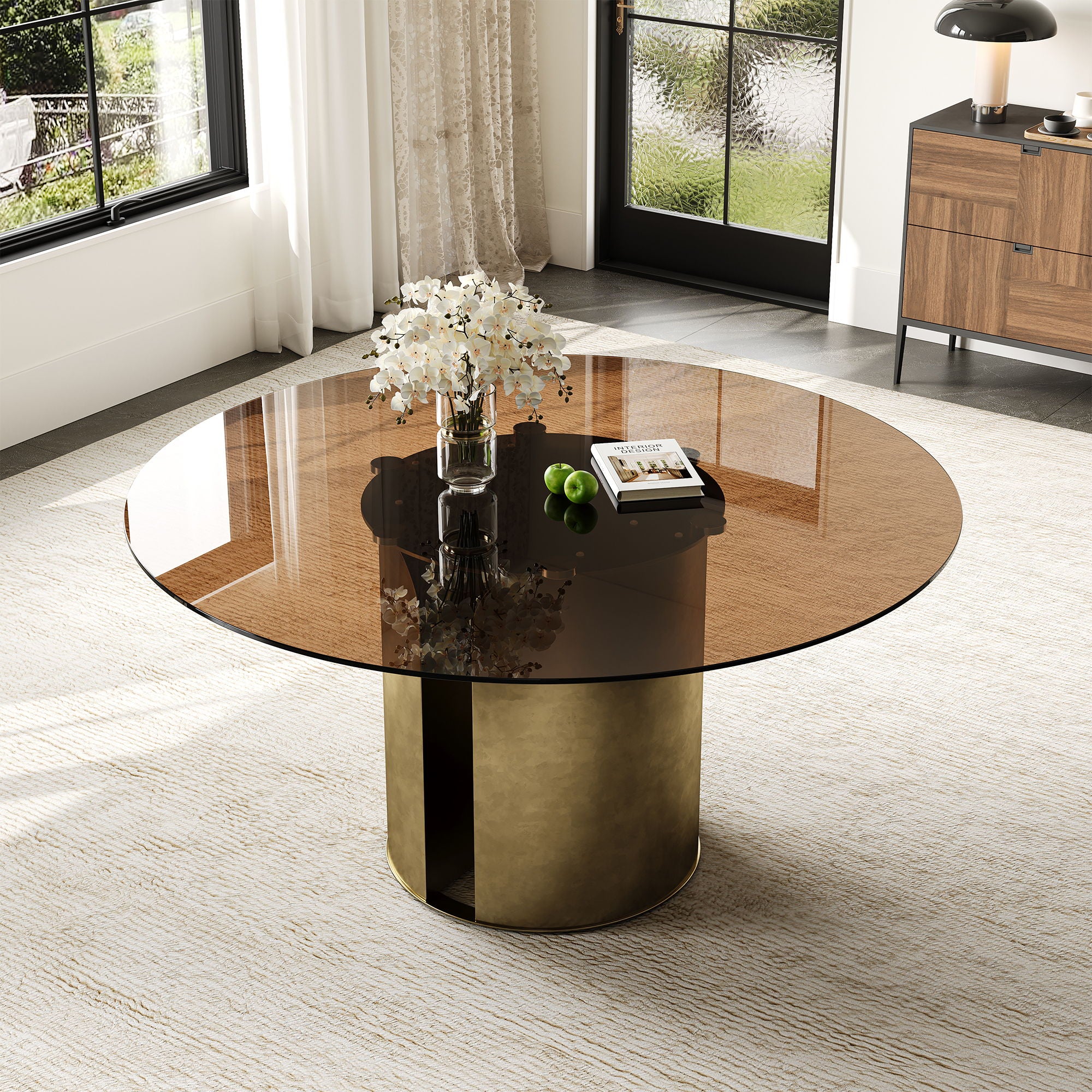 Round Dining Table With Glass Top, Kitchen And Living Room Furniture - Brown