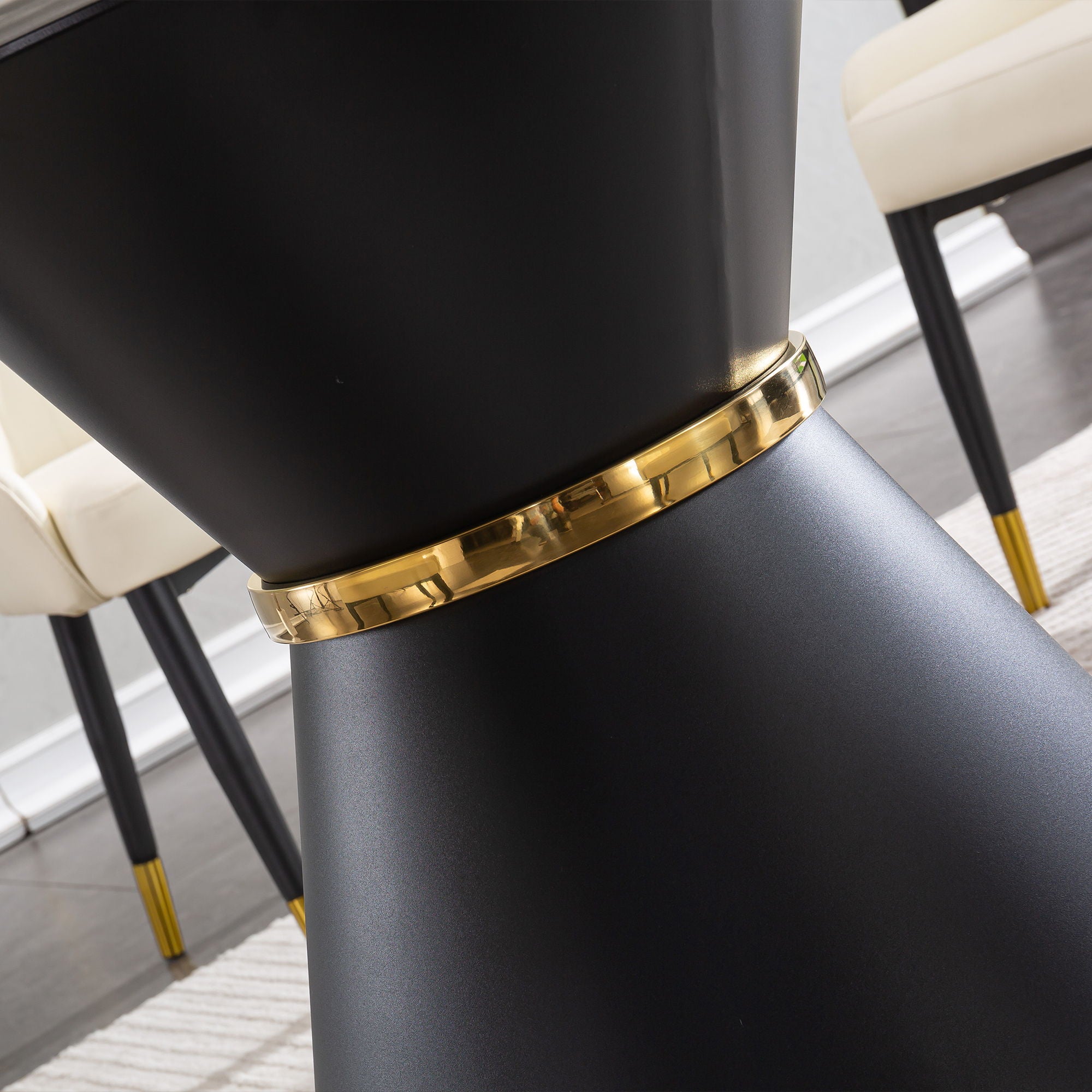 Marble Printed Round Dining Table - Black Columnar Base With Gold Annulus Not Including Chairs - Black