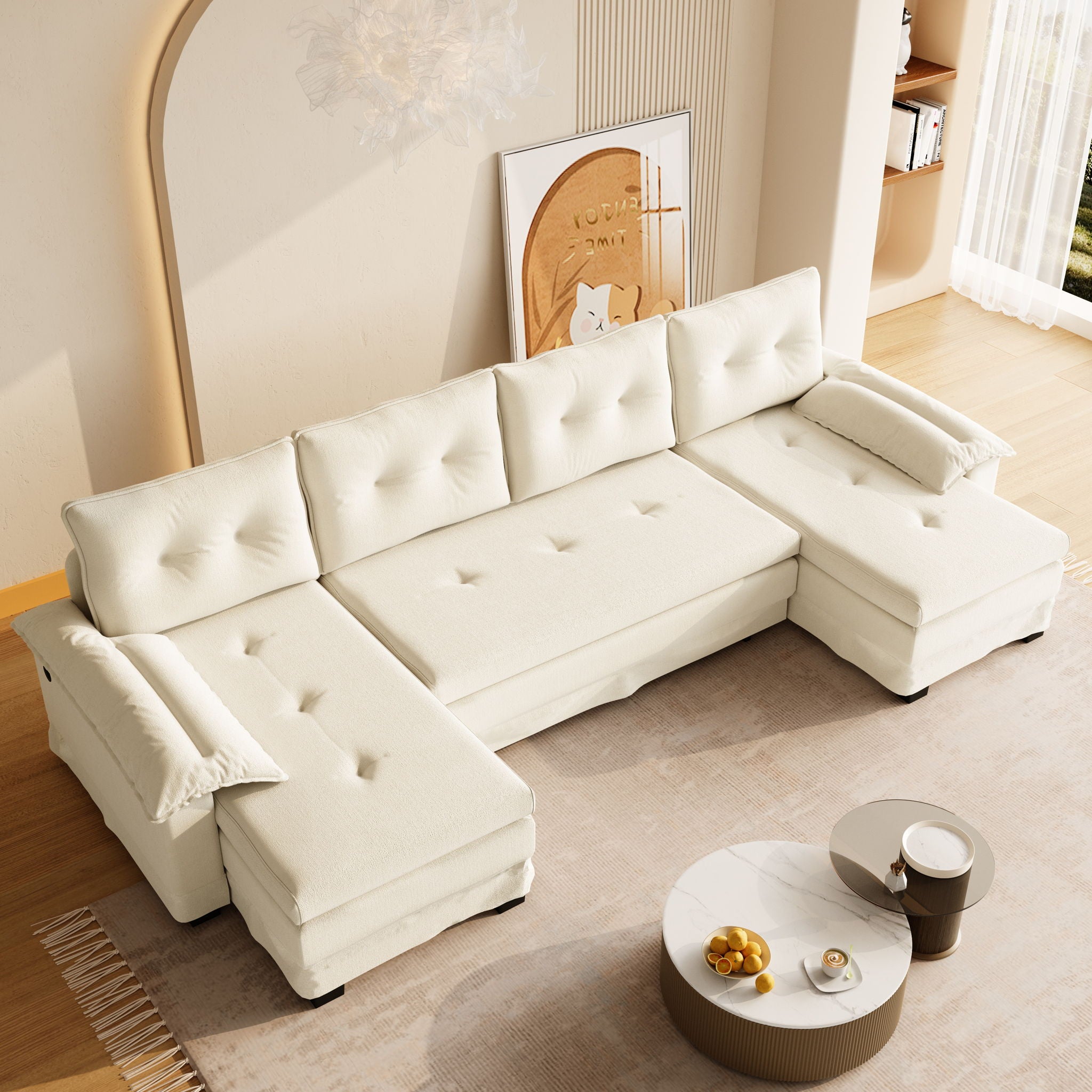 U-Shaped Sleeper Sofa With Pull Out Bed, Removable Armrests & USB Ports For Living Room
