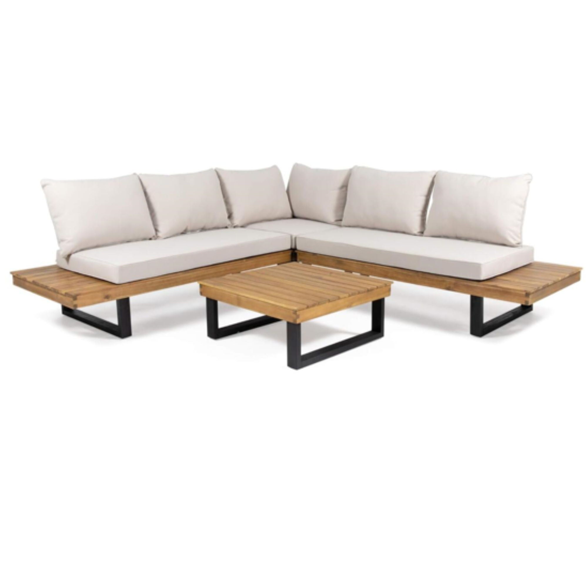 Sebastian - Hand Crafted 4 Piece Sofa Set With Water Resistant Cushions - Beige / Teak
