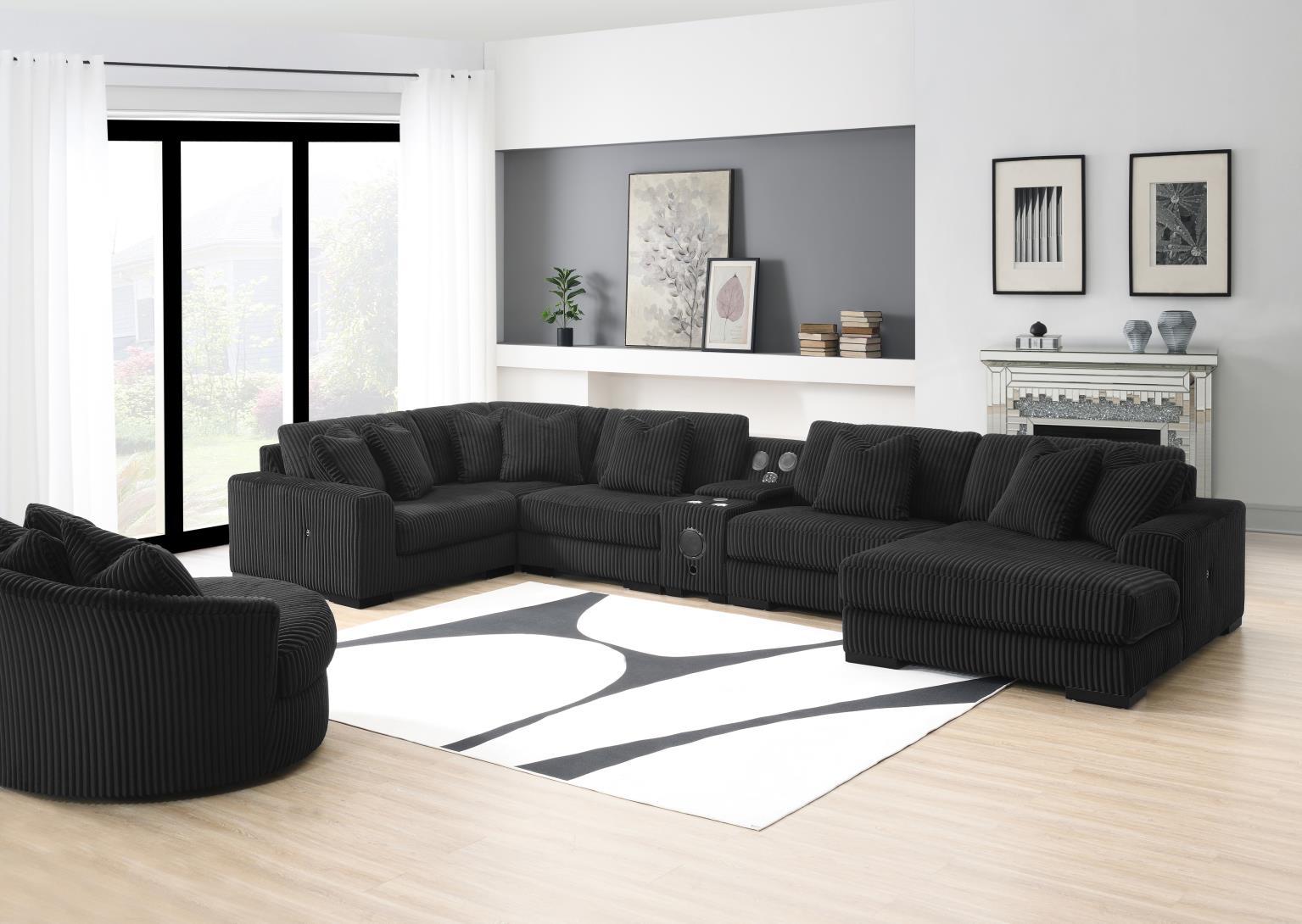 U242 - 7 Piece Setional With Right Chaise (1 RAF Chaise + 3 Armless Chair + 1 LAF + 1 Wedge + 1 Console) - Without Ottoman - Black