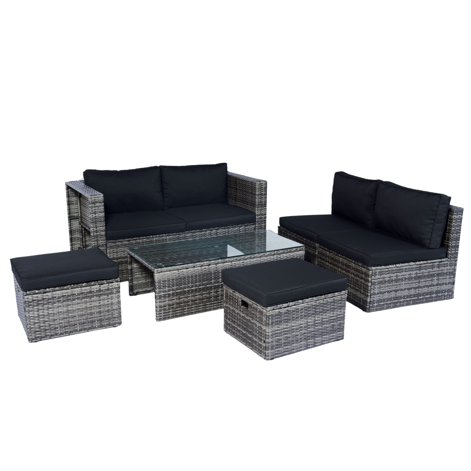6 Piece Patio Wicker Sectional Set Patio Backyard Conversation Set Space Saving - Gray / Black
