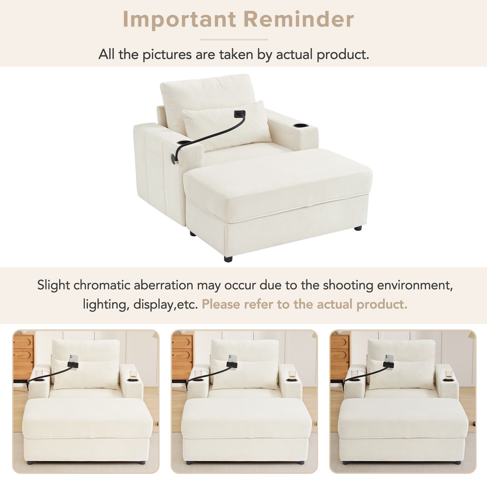 Modern Style Armchair Chaise Lounge Sofa Couch With Movable Storage Ottoman, USB Ports, Cup Holders, Phone Holder, Side Pockets