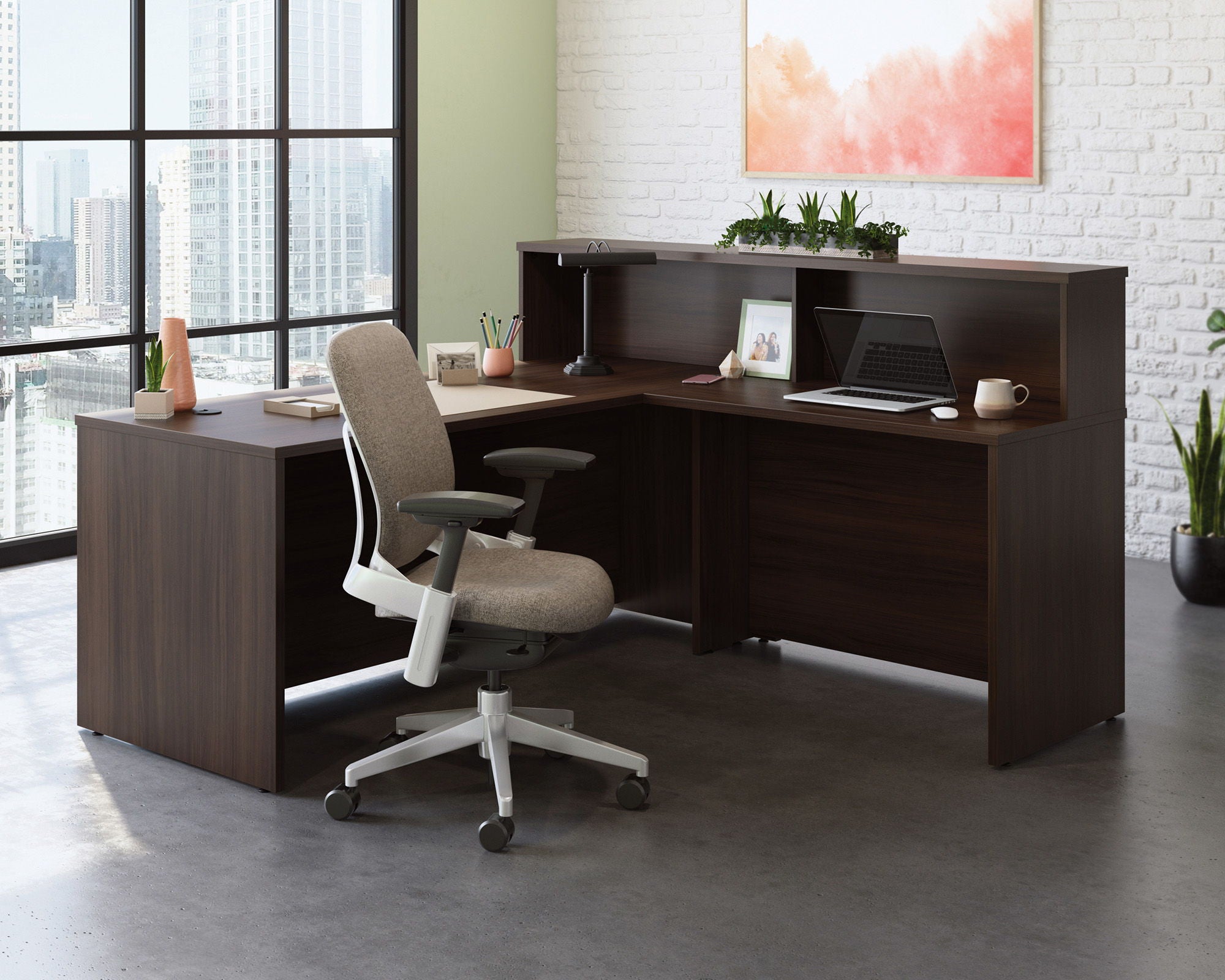 Reception Desktop Hutch in Noble Elm
