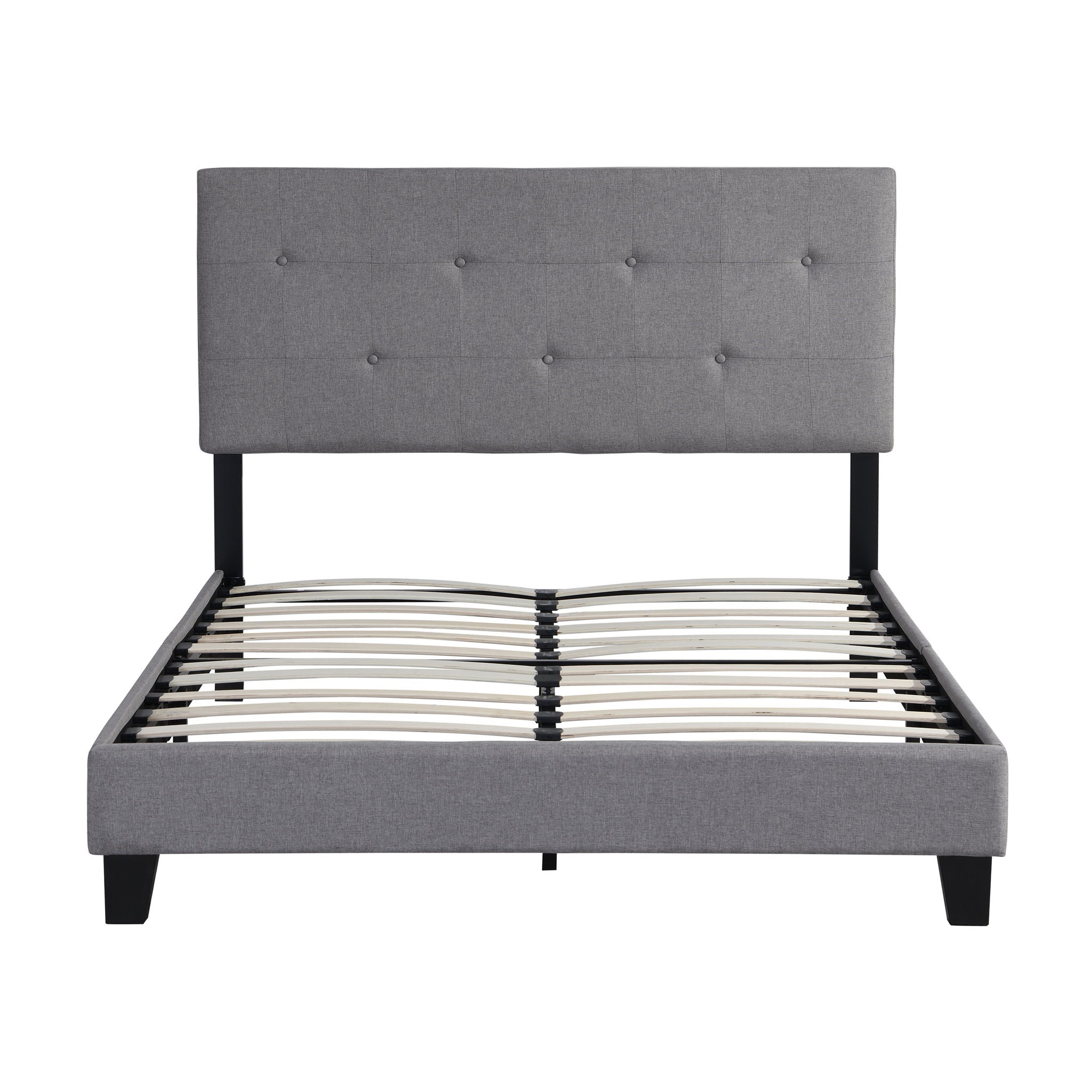 Modern Upholstered Platform Bed Frame With Button Tufted Linen Headboard And Wood Slat Support