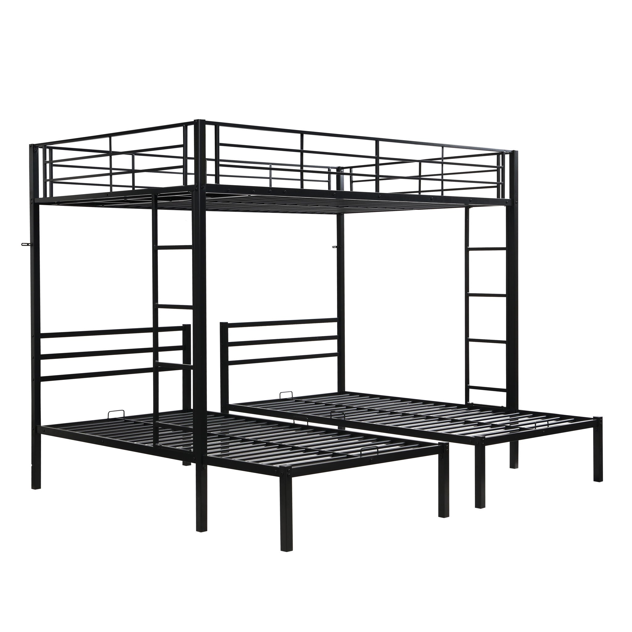 Modern Metal Triple Bunk Bed With Vertical Ladder, Safety Rail, And Storage Shelf - Black