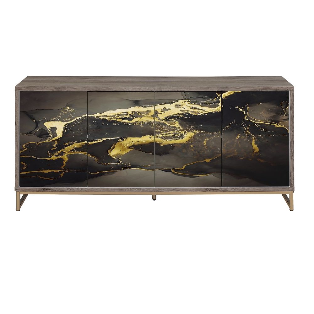 ACME Payo - Console Cabinet - Black Marble Print Oak Champagne | Meri Furniture