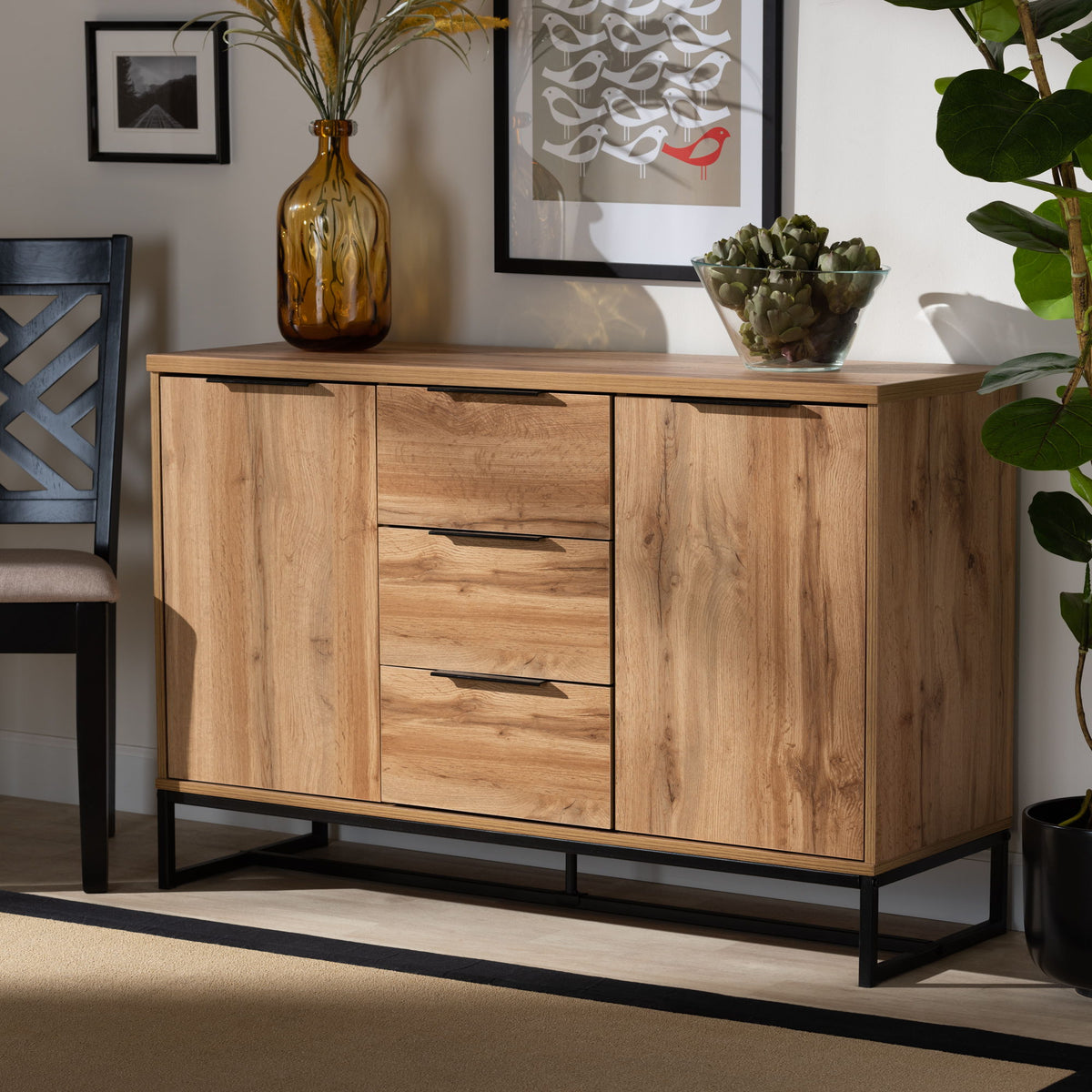 Reid Modern and Contemporary Industrial Oak Finished Wood and Black Metal 3-Drawer Sideboard Buffet