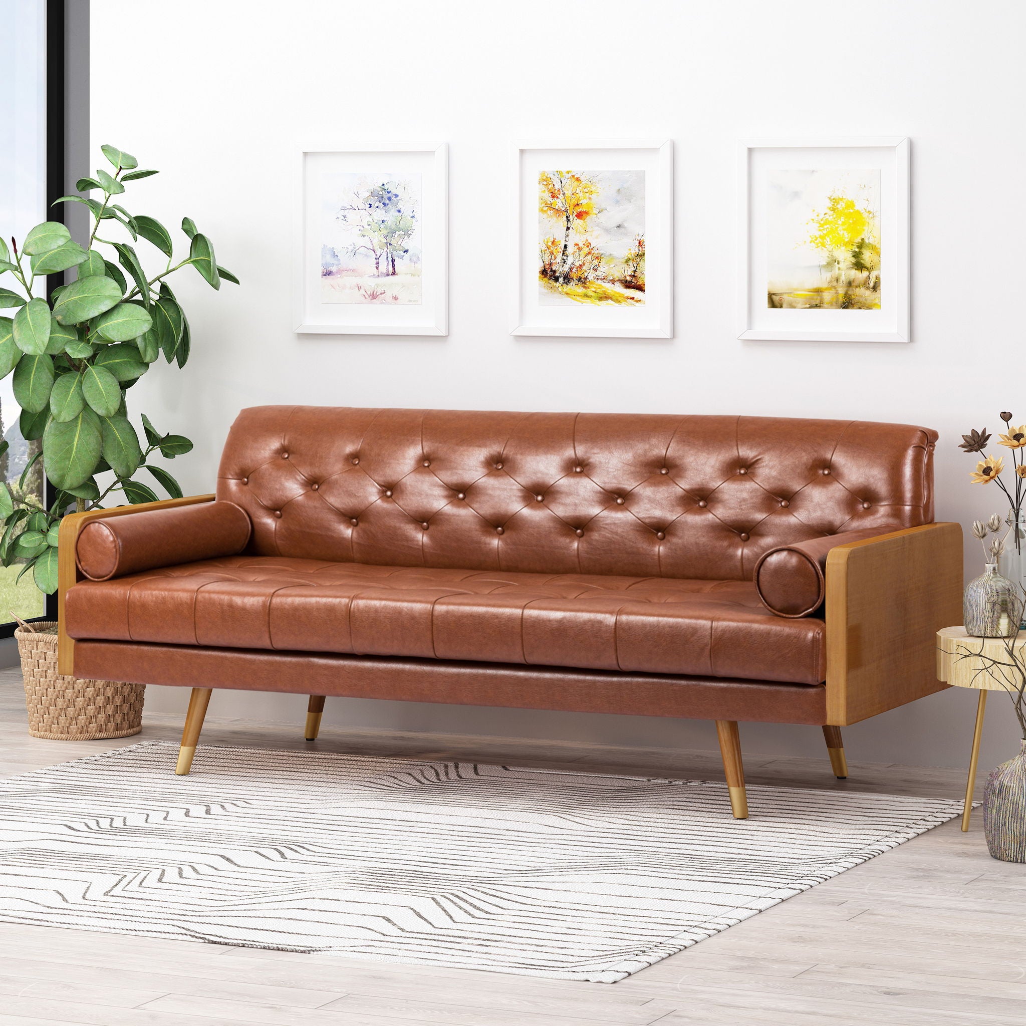 Adelaide - Mid Century Modern Tufted Sofa With Rolled Accent Pillows - Light Brown