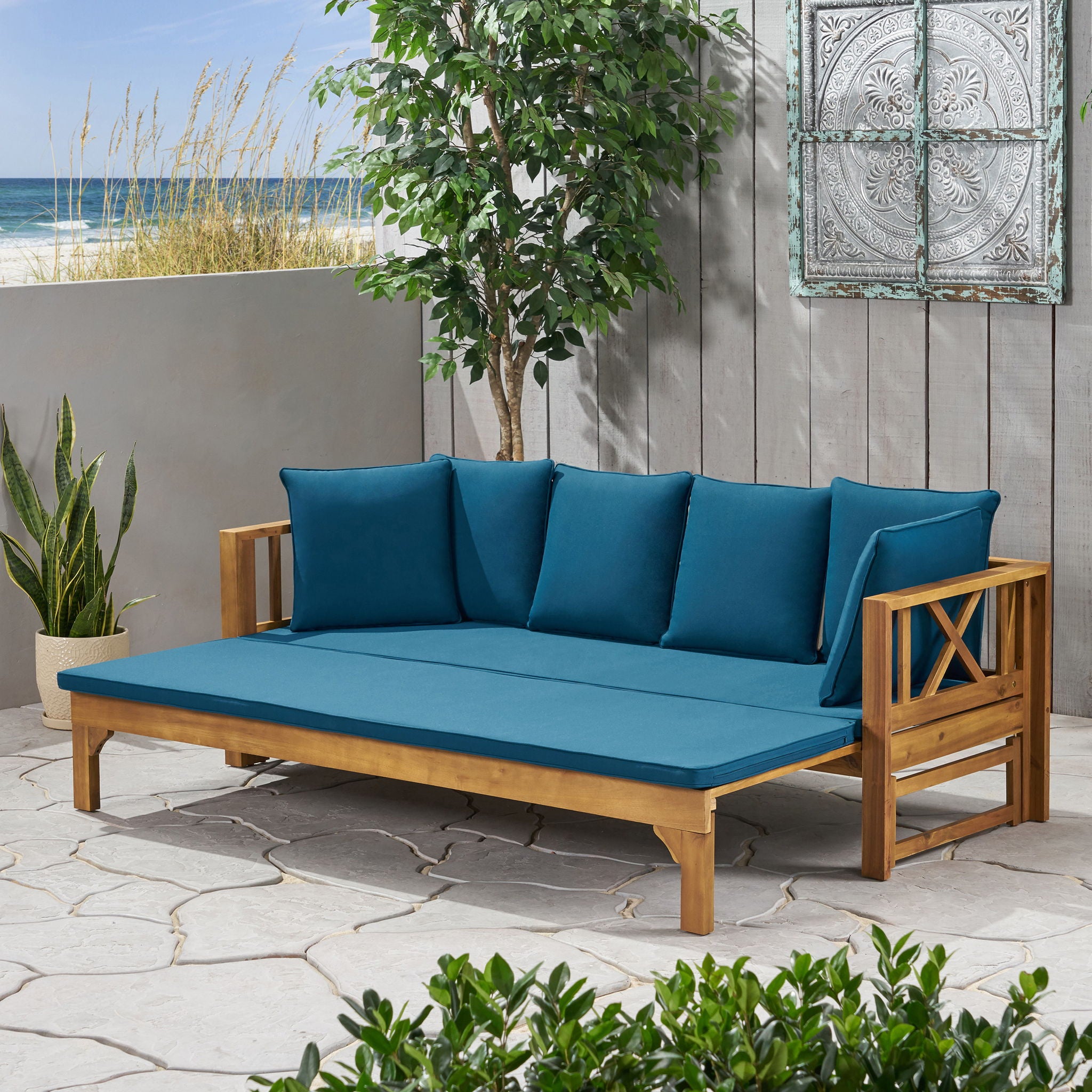 Outdoor Daybed With X-Shaped Panel Backrest And Armrests - Teak
