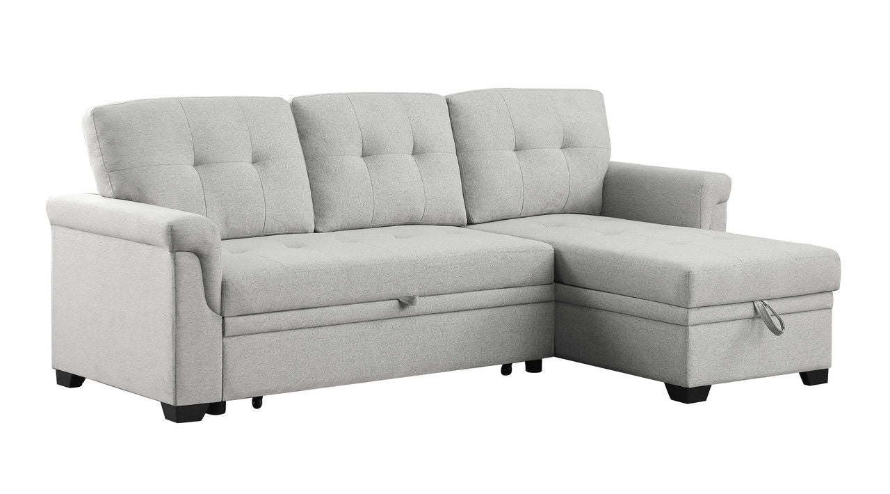 Lucca 84"W Light Gray Linen Reversible Sleeper Sectional Sofa with Storage Chaise