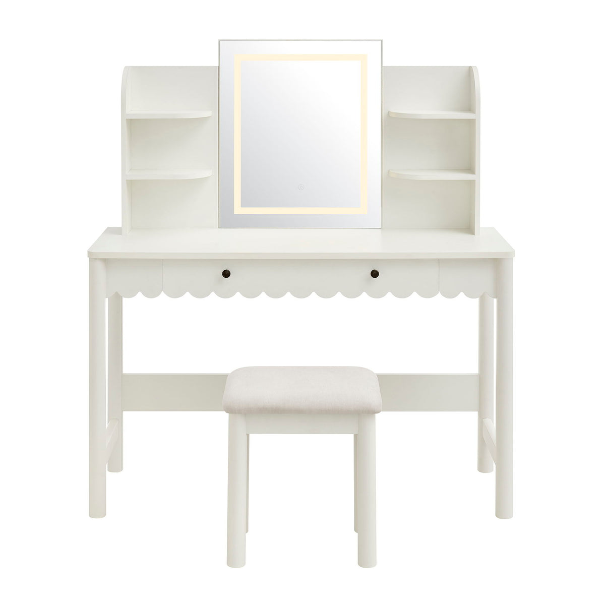 Emmeline Scalloped Makeup Vanity Desk With LED Mirror and Stool by Modway