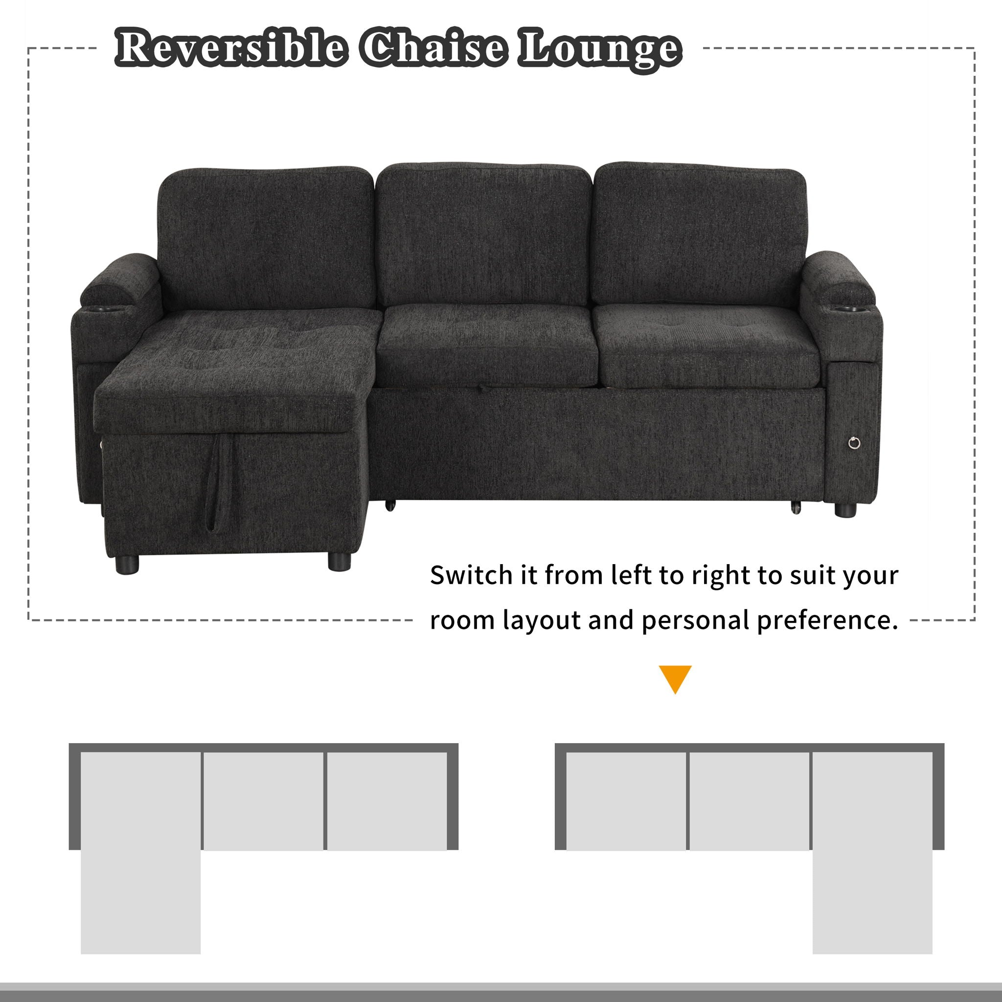 Convertible L Shaped Sofa Couch With Storage, Cup Holders, USB Ports