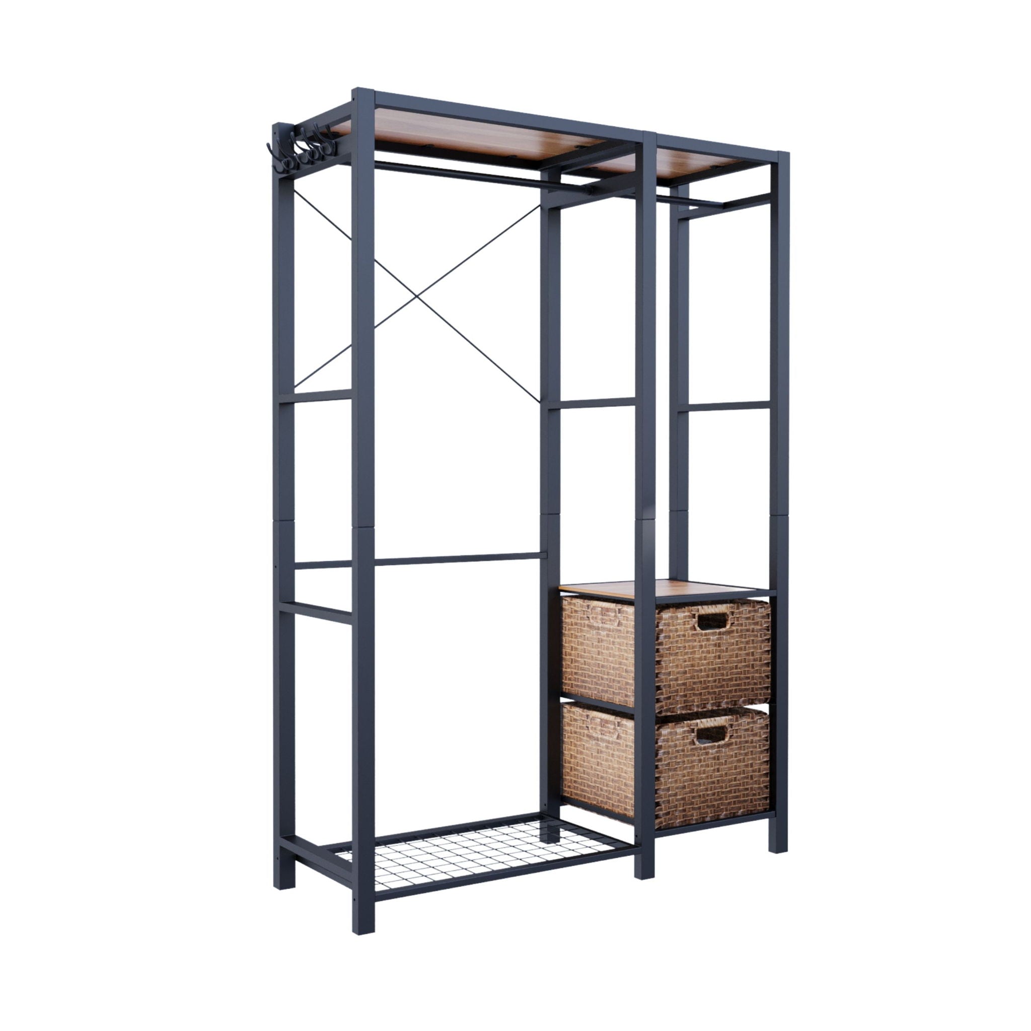 Garment Rack With Shelves, 2 Wicker Drawers, 4 Hooks, Organizer