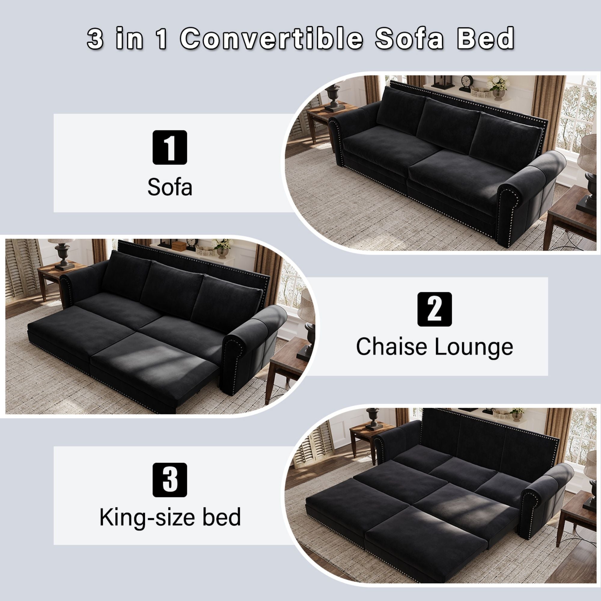 3 In 1 Convertible Sleeper Sofa With Nailhead Trim & Rolled Arm