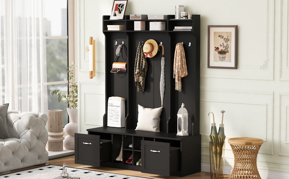 5 In 1 Entryway Bench With Coat Rack, 7 Sturdy Hooks, 2 Spacious Drawers And Adjustable Shelves