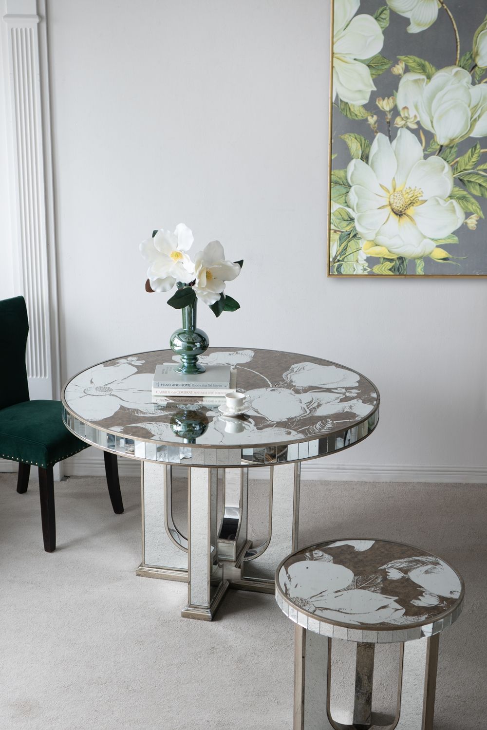 Round Dining Table With Elegant Floral Design And Mirrored - Silver Multi
