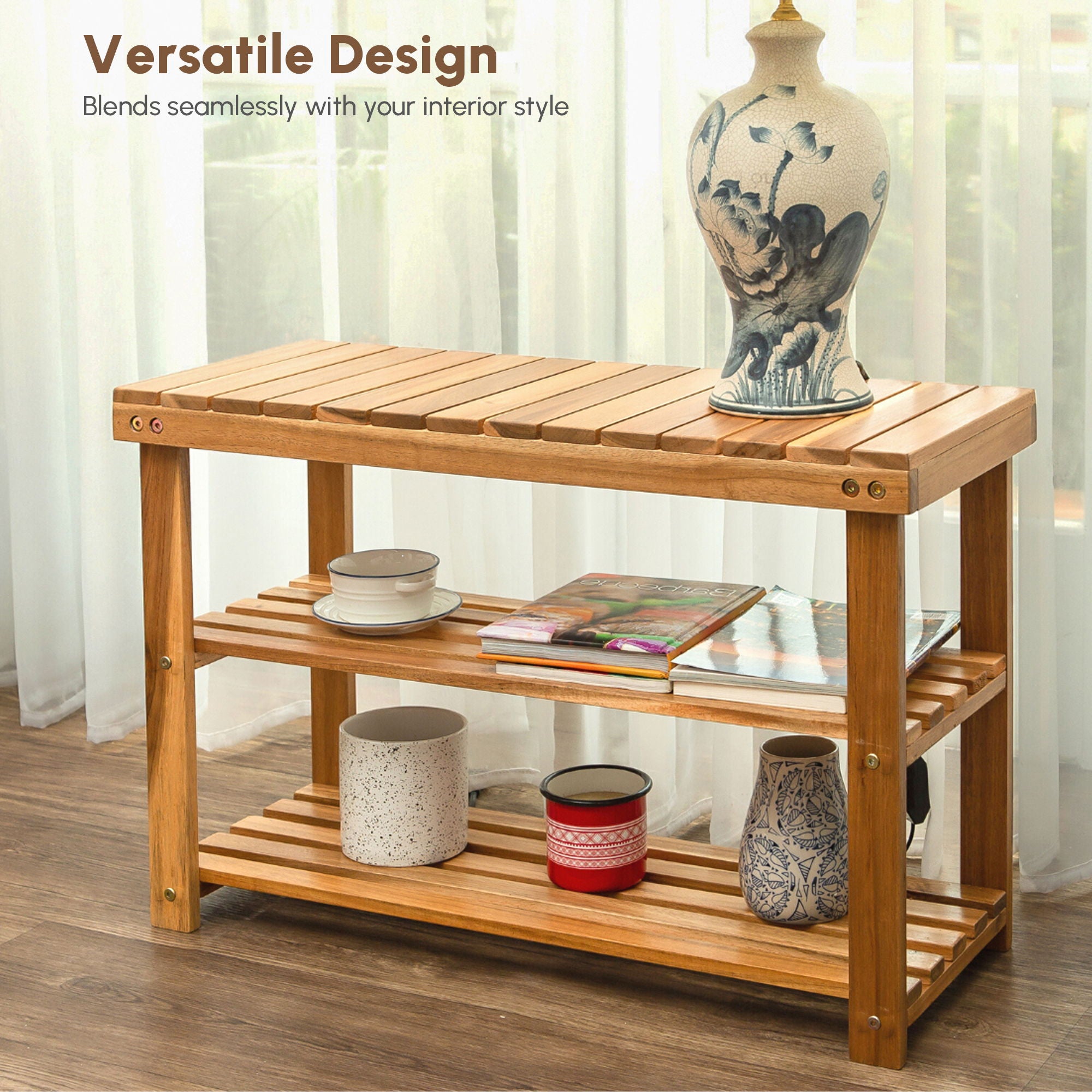 Shoe Rack Bench, 2 Tier Organizer For Entryway - Acacia Wood