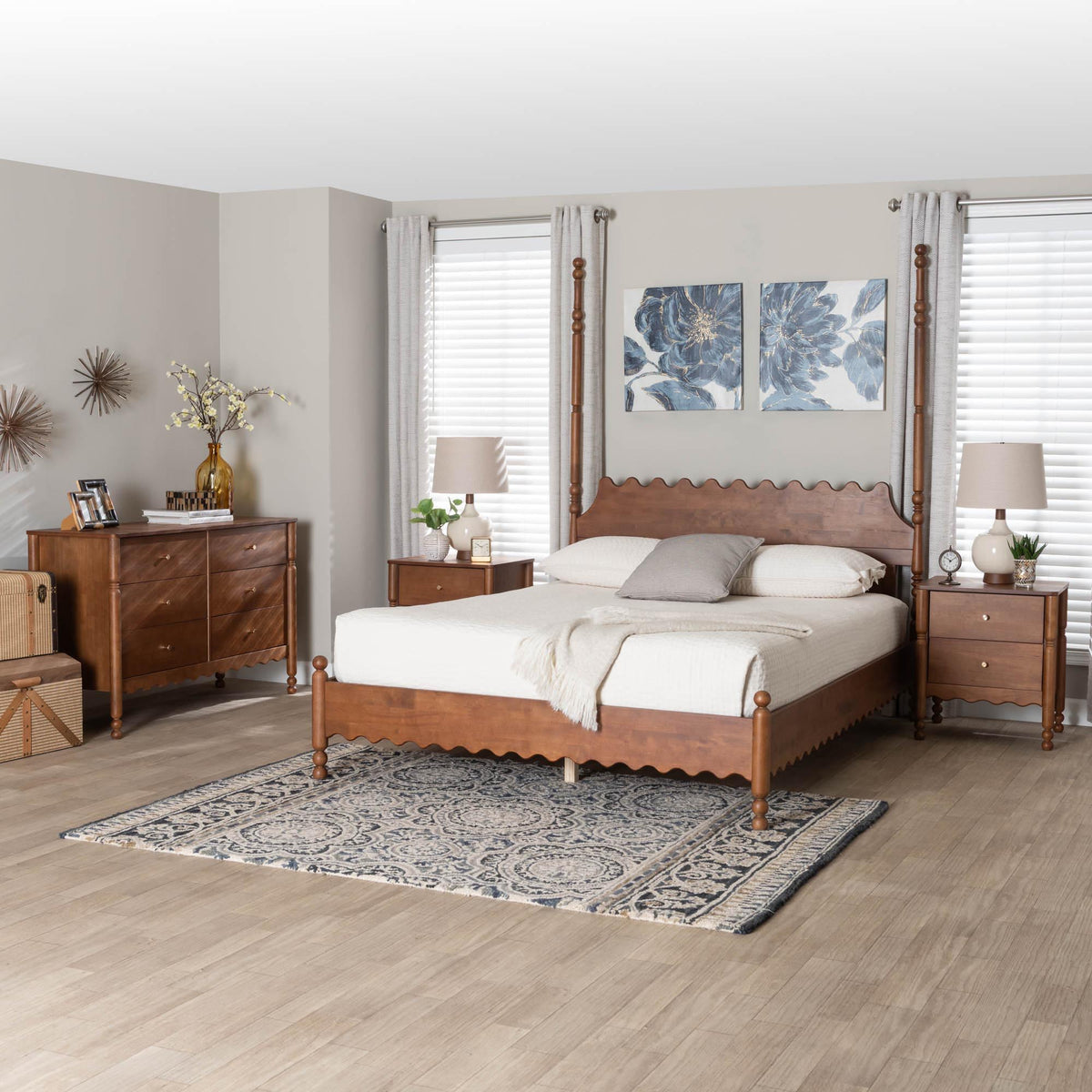 Hoffman 4-Piece Scalloped Bedroom Set - Farmhouse Bed Frame with Matching Dresser and 2-Drawer Nightstands, Walnut Brown, Queen