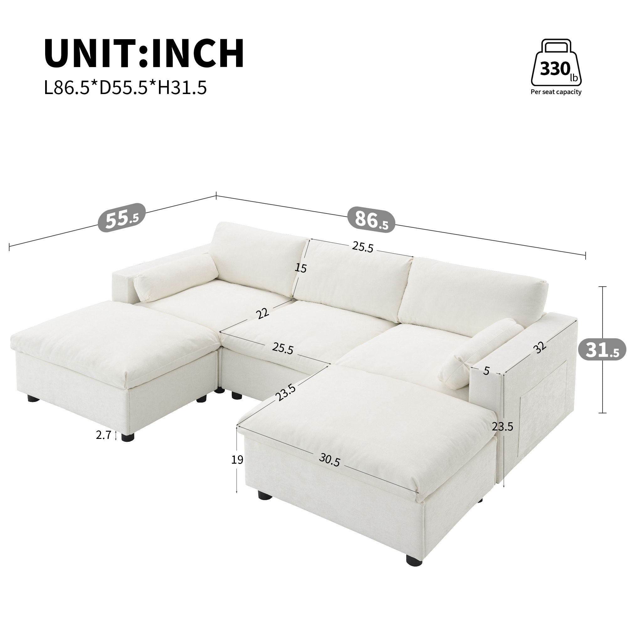Modular Sectional With Storage Pockets, 5 Seat U Shaped Couch Set With Pillows, Free Combination Modern Cloud Sofa With 2 Movable Ottoman