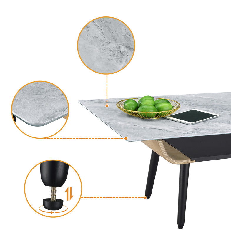 Landon 47"W Coffee Table with Glass Gray Marble Texture Top and Bent Wood Design