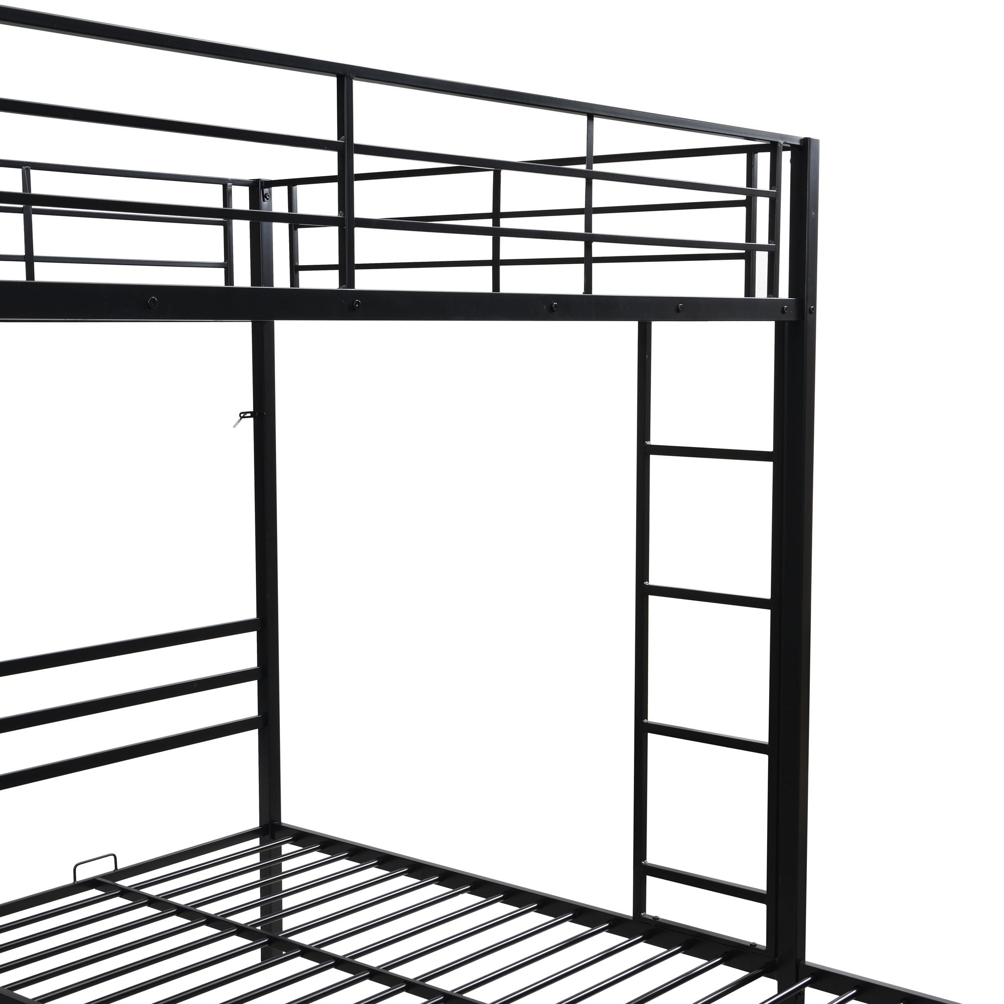 Modern Metal Triple Bunk Bed With Vertical Ladder, Safety Rail, And Storage Shelf - Black