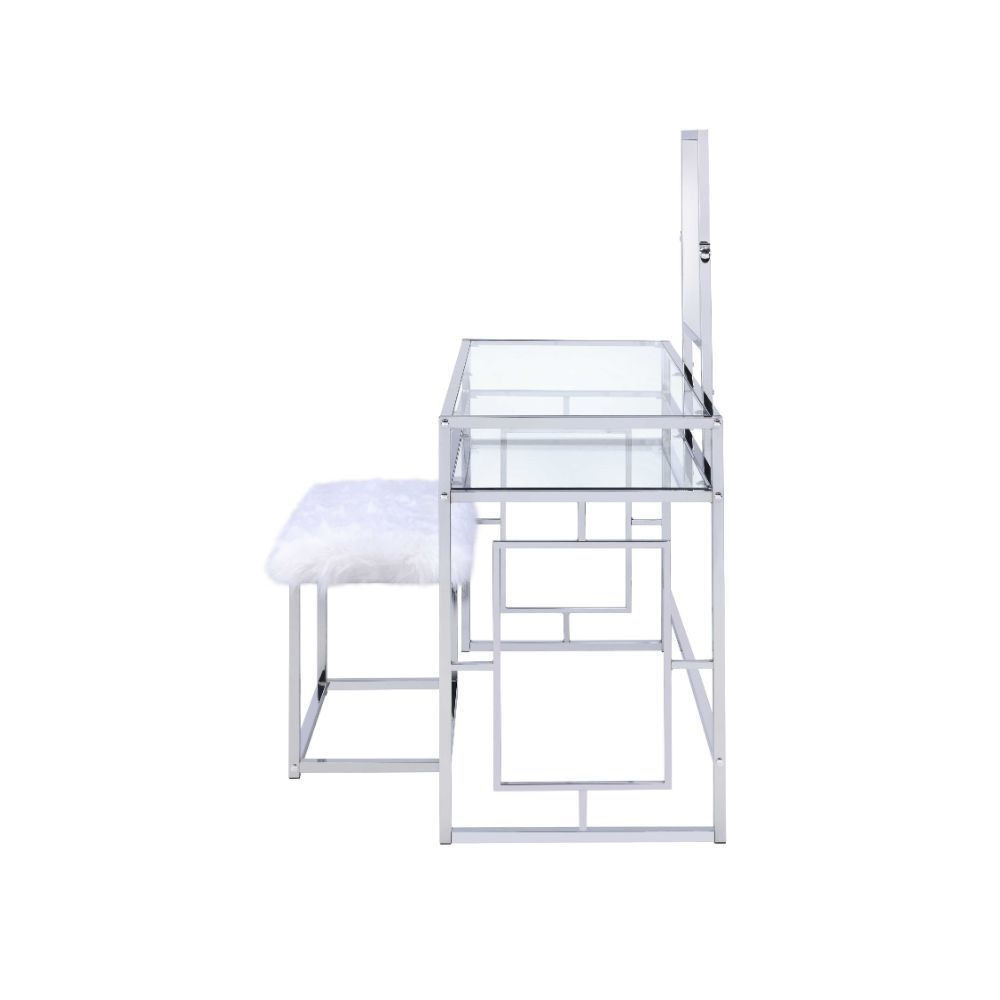 ACME Carenze II - Vanity Desk - White Faux Fur & Chrome | Meri Furniture