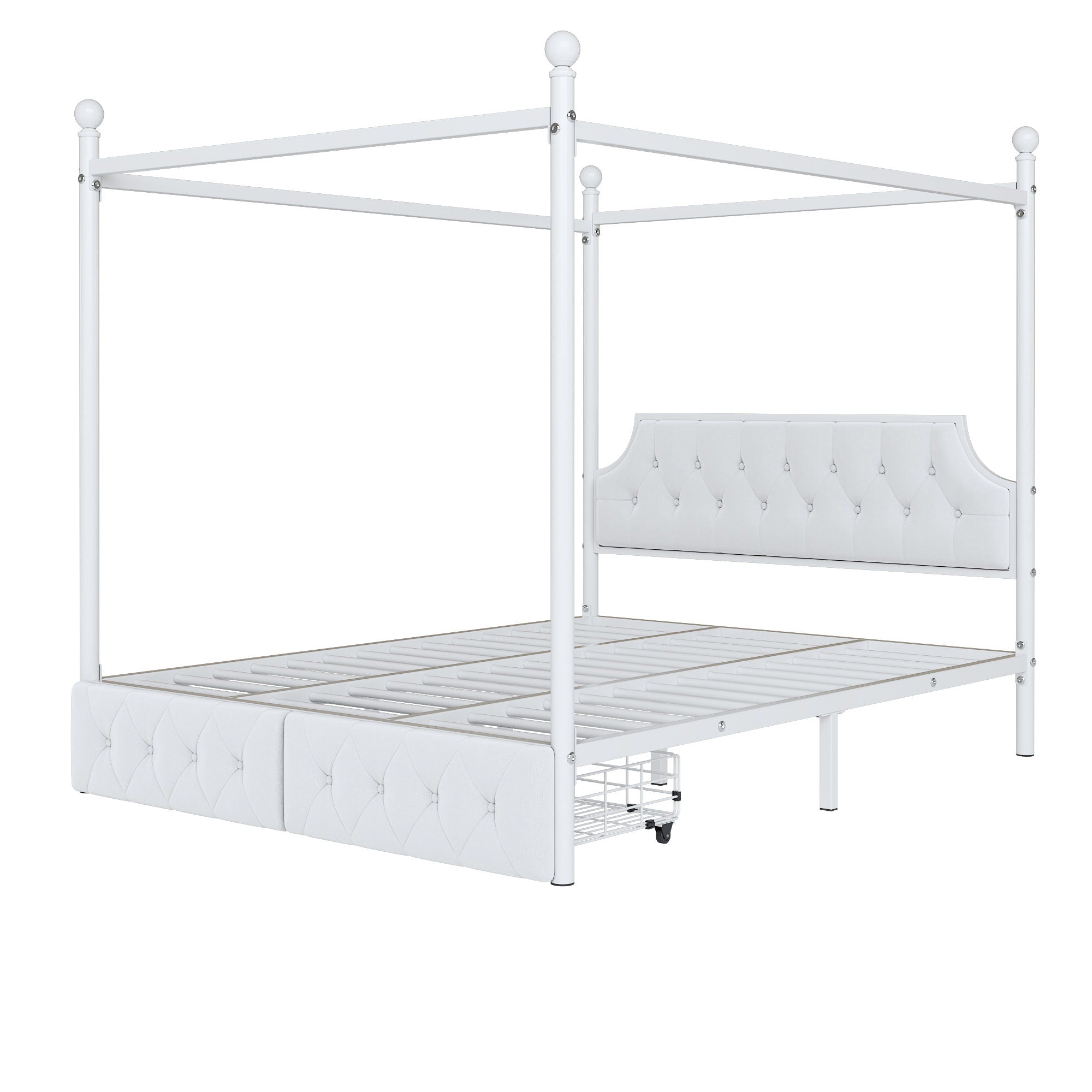 Canopy Platform Bed With Upholstered Headboard And 2 Storage Drawers - White