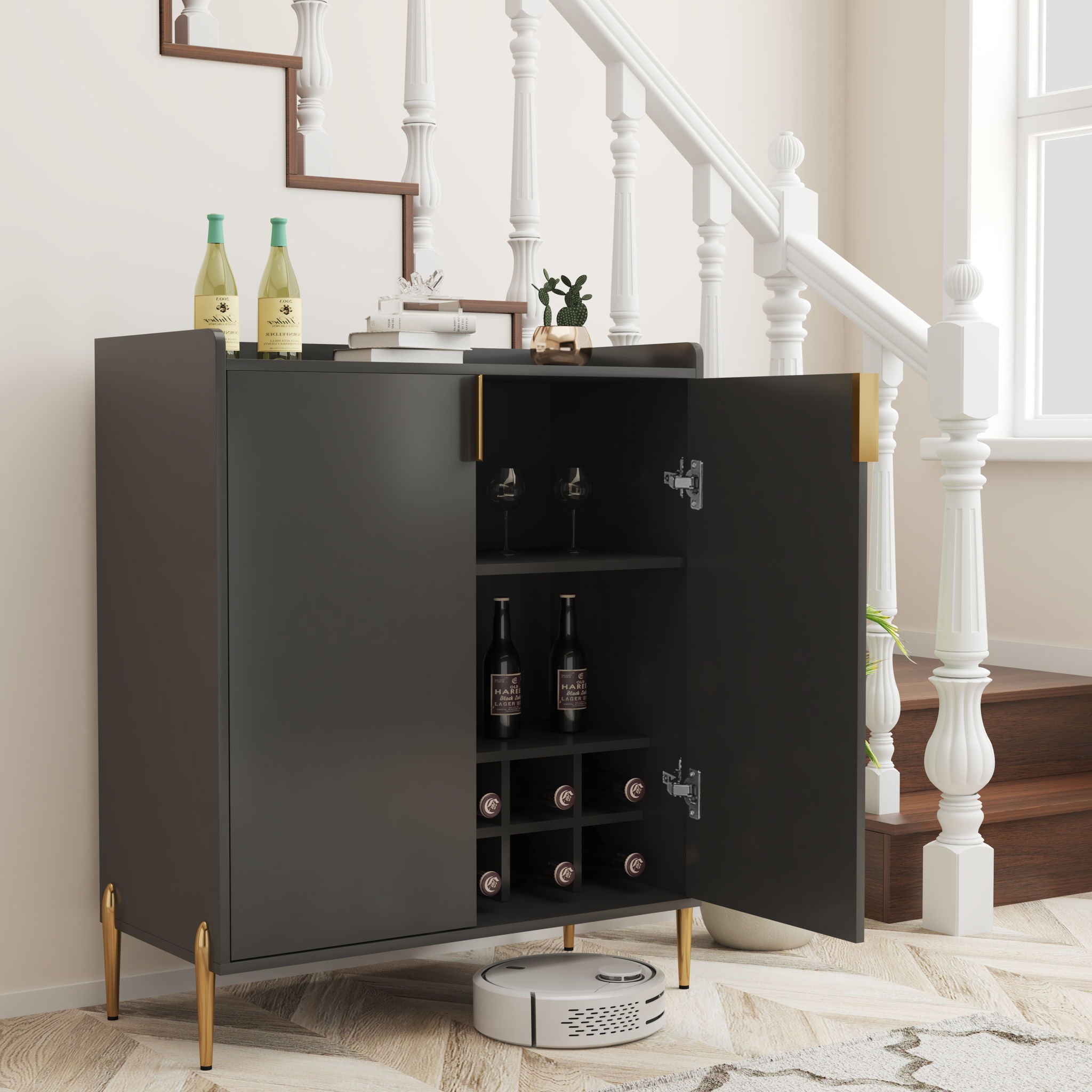 Wine Bar Cabinet With Adjustable Shelf, 2 Door Sideboard With Soft-Closing Hinges And Feet