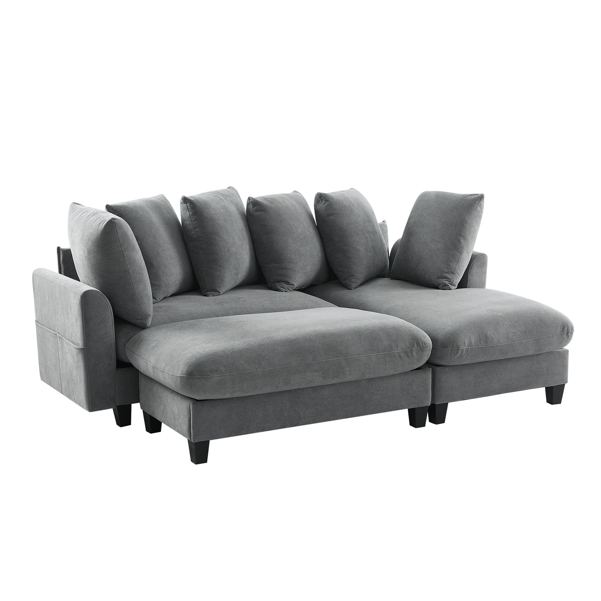 Upholstered L Shaped Sectional Sofa With Storage, Movable Ottoman, And 6 Throw Pillows