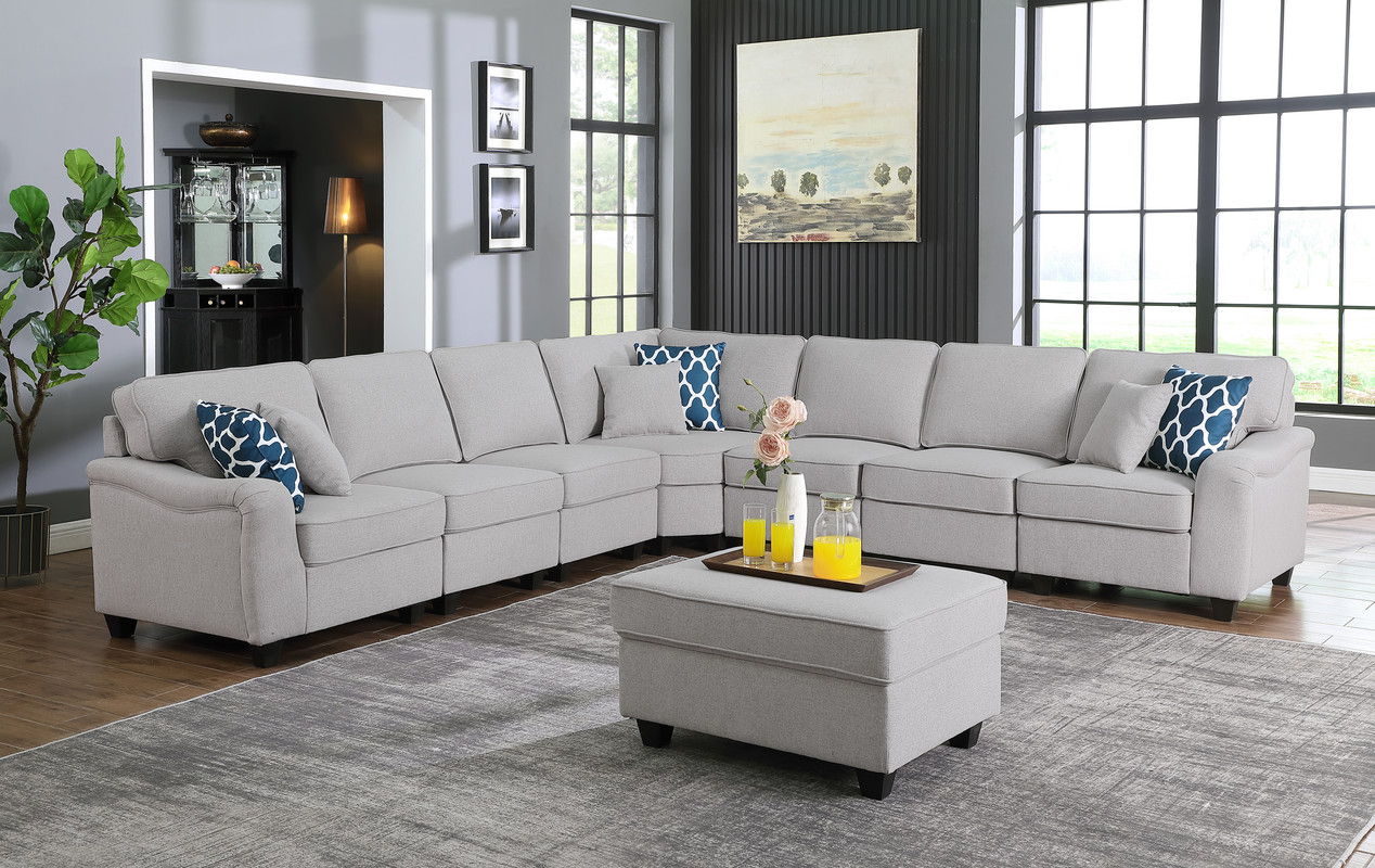 Leo 125"W Light Gray Linen 8Pc Modular L-Shape Sectional Sofa and Ottoman
