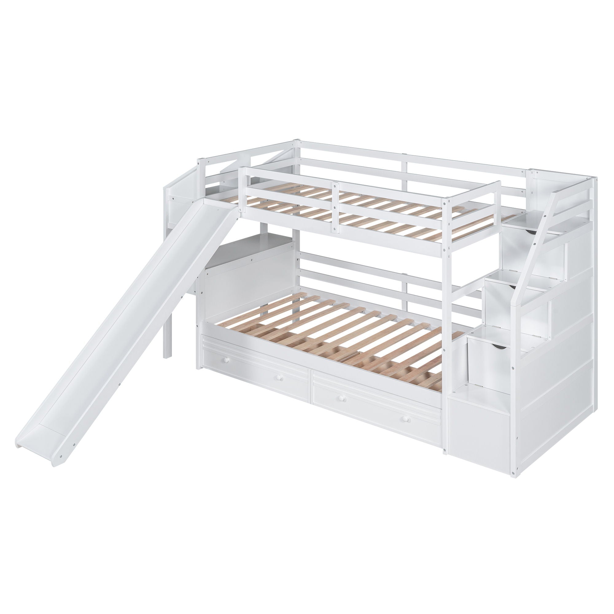 Bunk Bed With Storage Staircase, Slide, Desk, Drawers, And Shelves